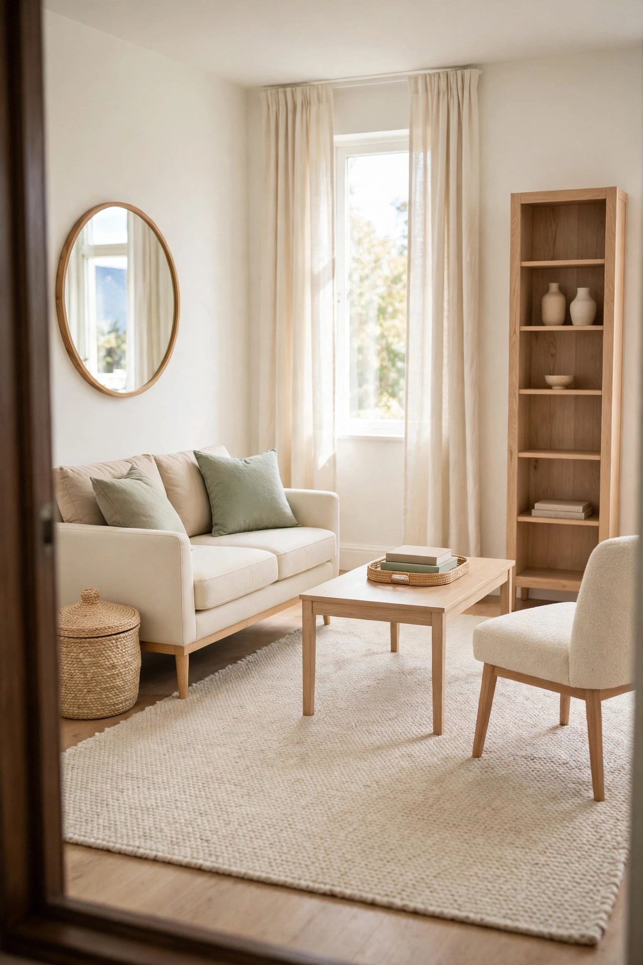 Finished small living room looking bigger with calm surfaces, hidden storage, and soft sage cushions