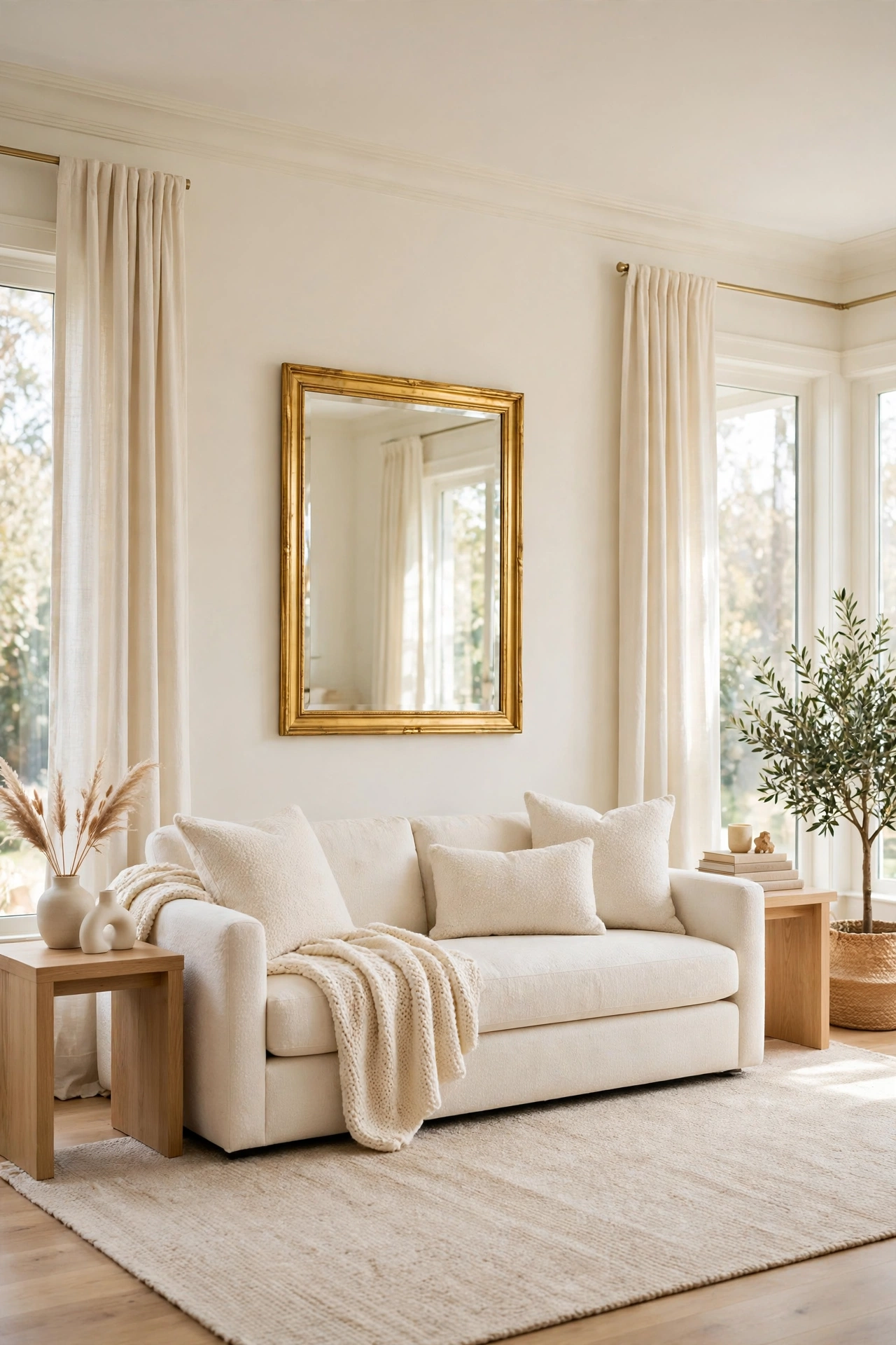 Freshly painted warm white walls unifying a living room with cream furniture