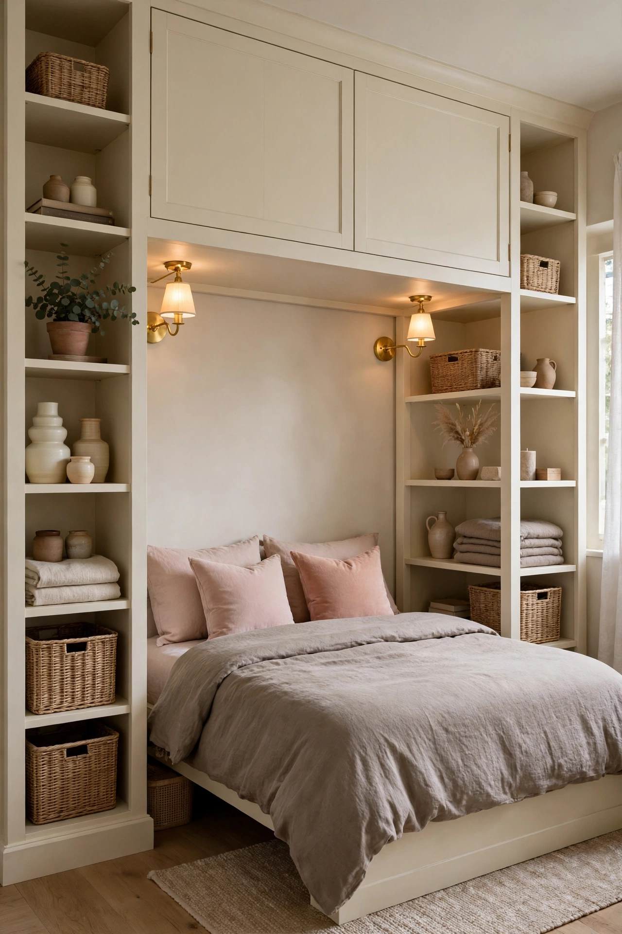 Cream shelving and cabinets built around and above a bed in a small bedroom, forming one storage wall with the bed inside
