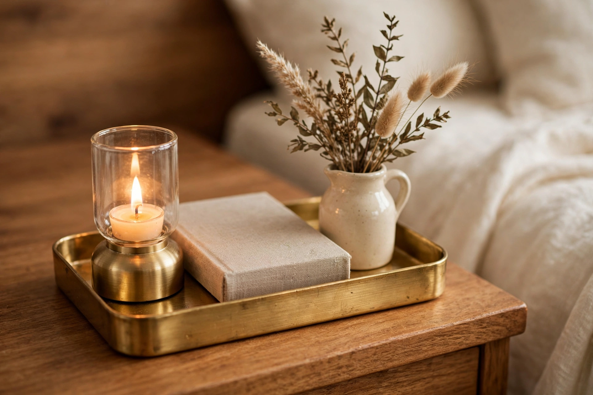 Small gold tray on a warm wood nightstand holding a candle style lamp, a book, and a cream jug of dried stems