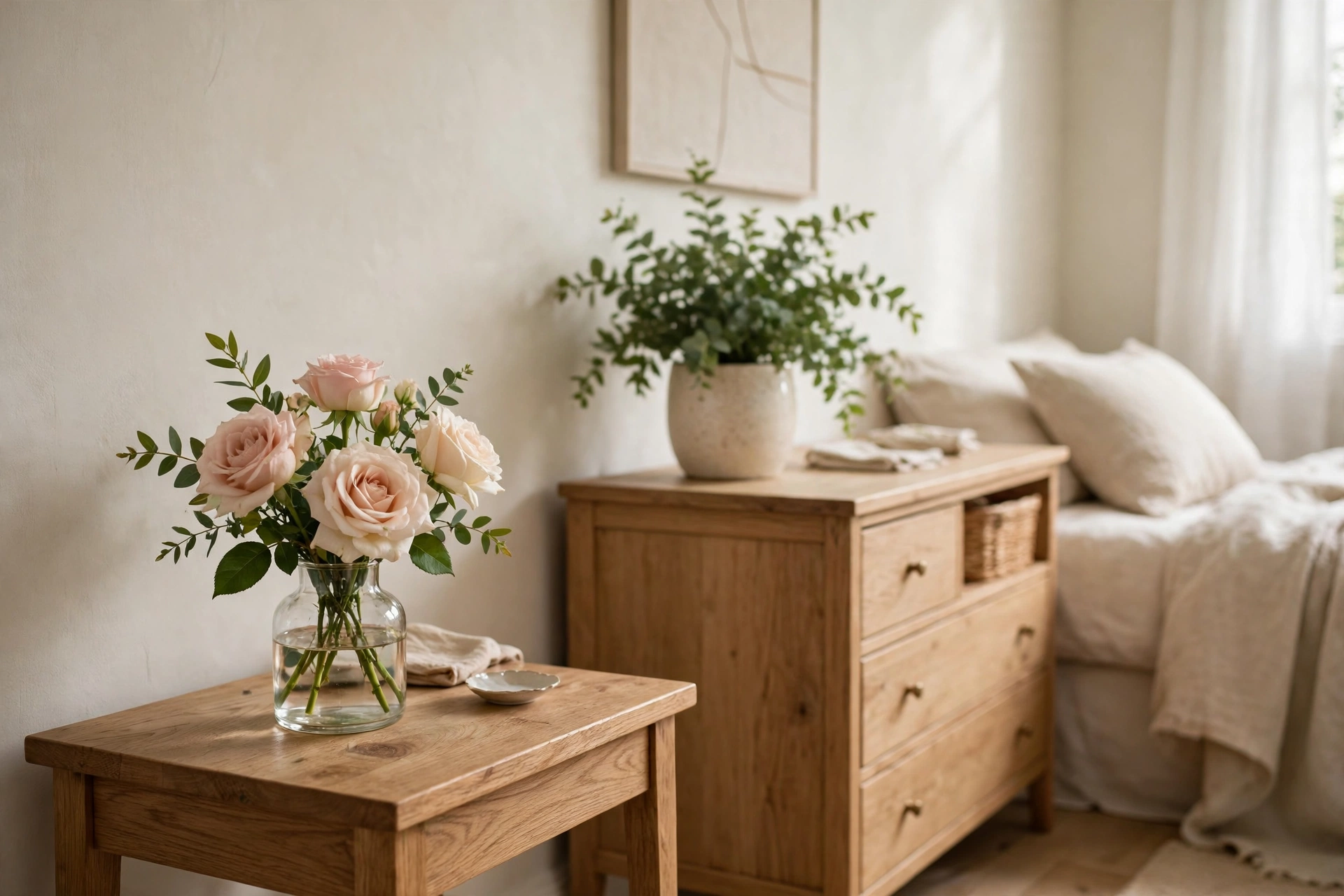Blush and cream roses on the nightstand and a green plant in a cream pot on the dresser of a luxury bedroom