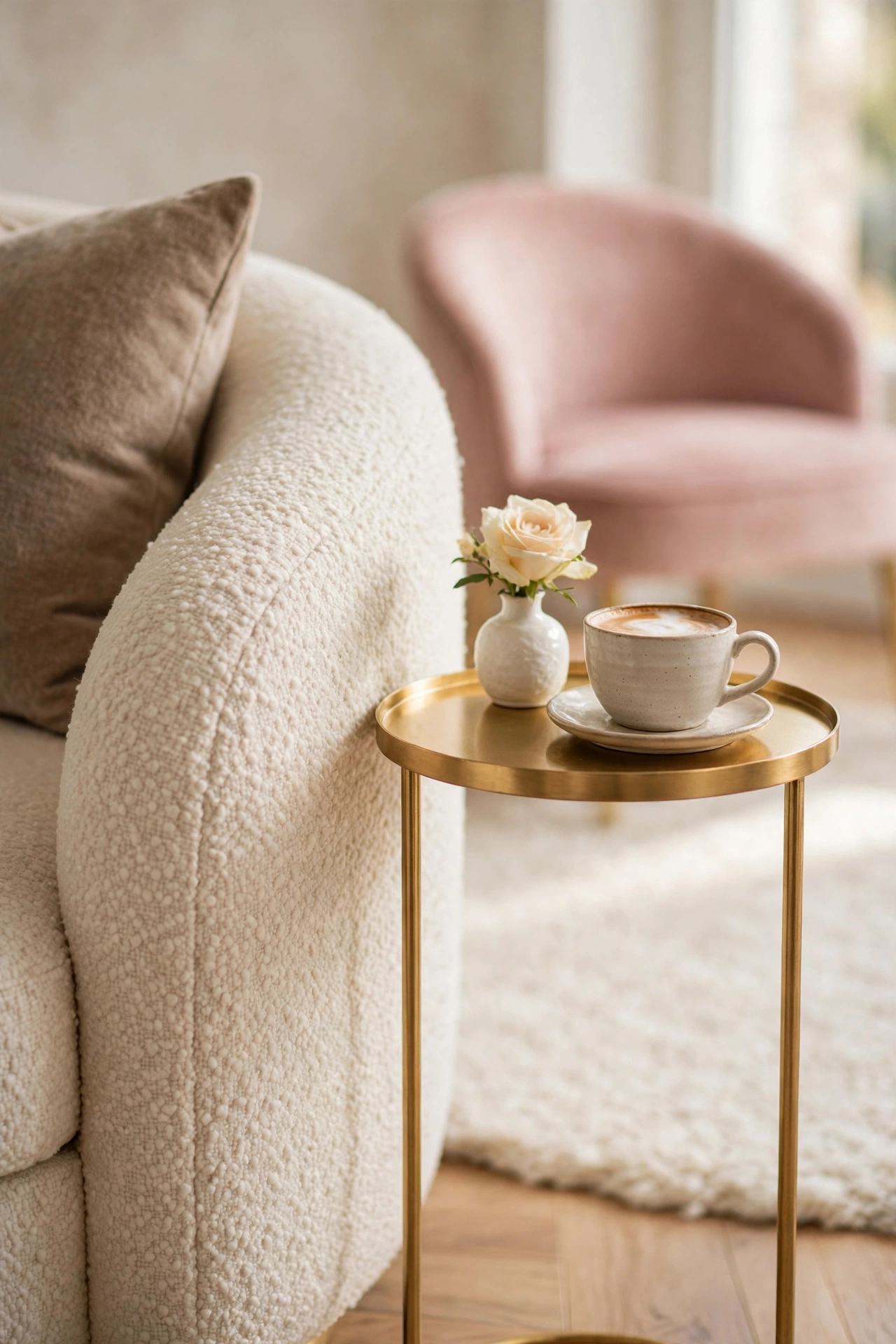 Slim round gold side table beside a curved cream sofa holding a small vase and a warm drink cup
