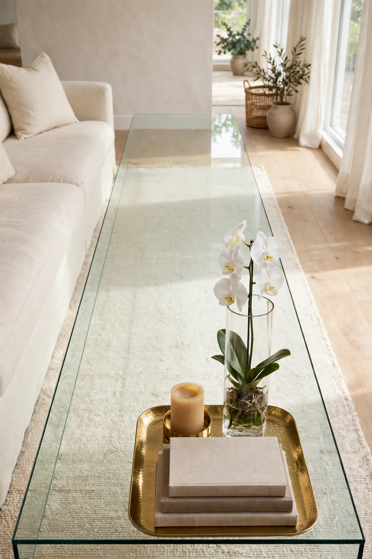 Styled coffee table with its composition gathered to one side and half the surface calmly empty