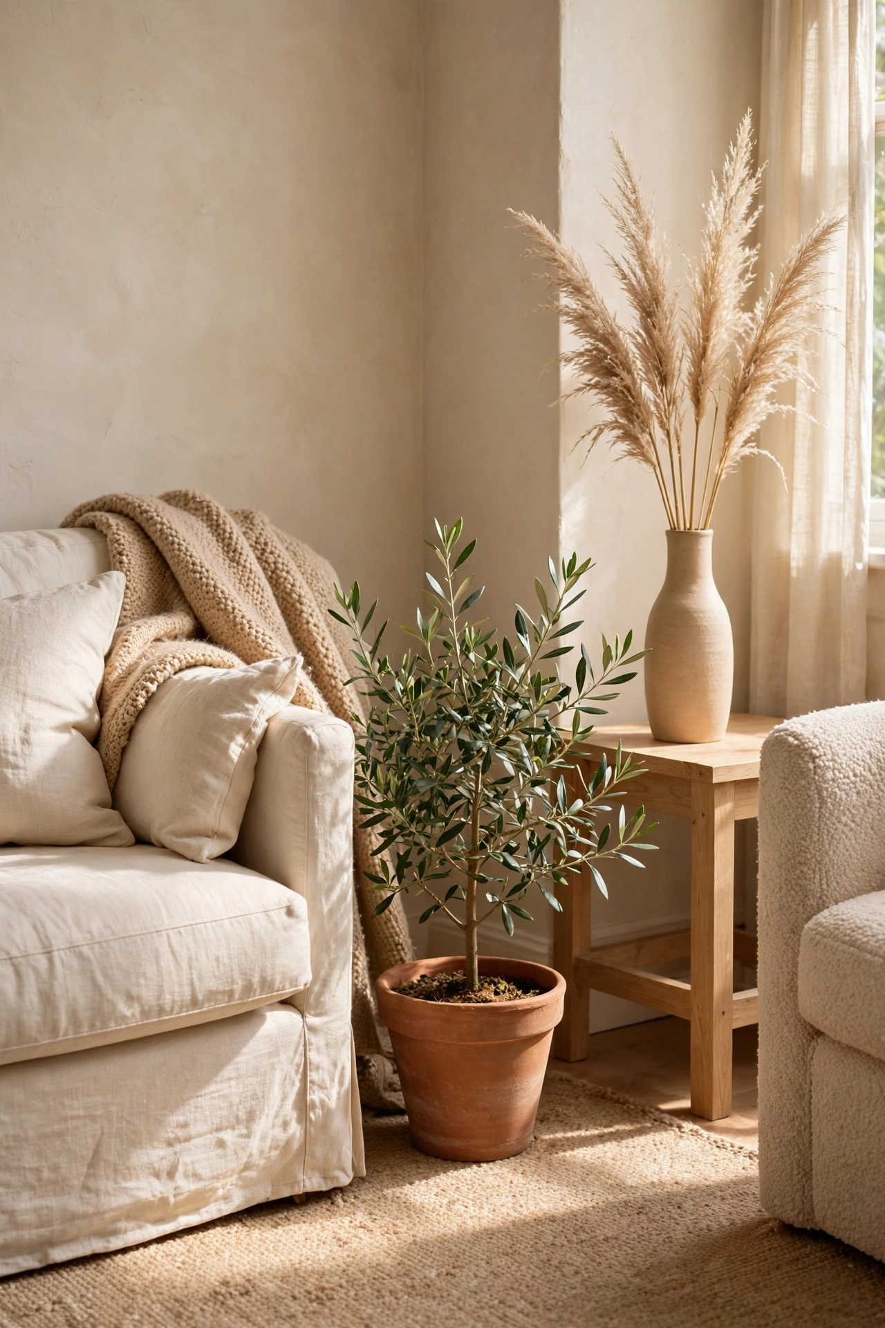 Green olive plant in a terracotta pot beside a tall vase of dried pampas grass in a neutral living room