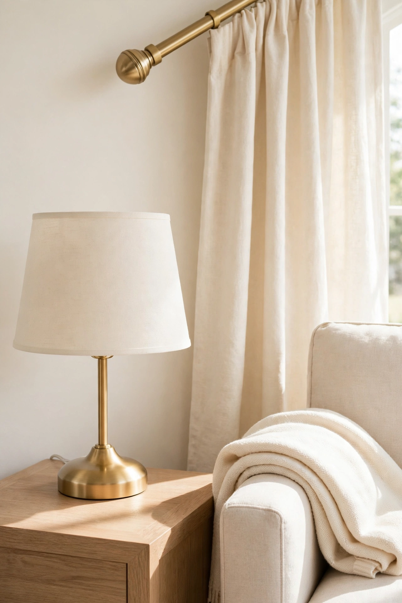 New cream lampshades and brushed gold curtain finials as small upgrades in a living room