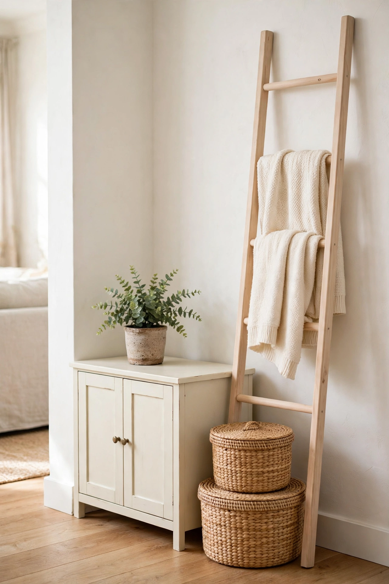 Storage corner in a bright living room with a small lidded cream cabinet, stacked woven baskets with lids, and a blanket ladder leaning on the wall