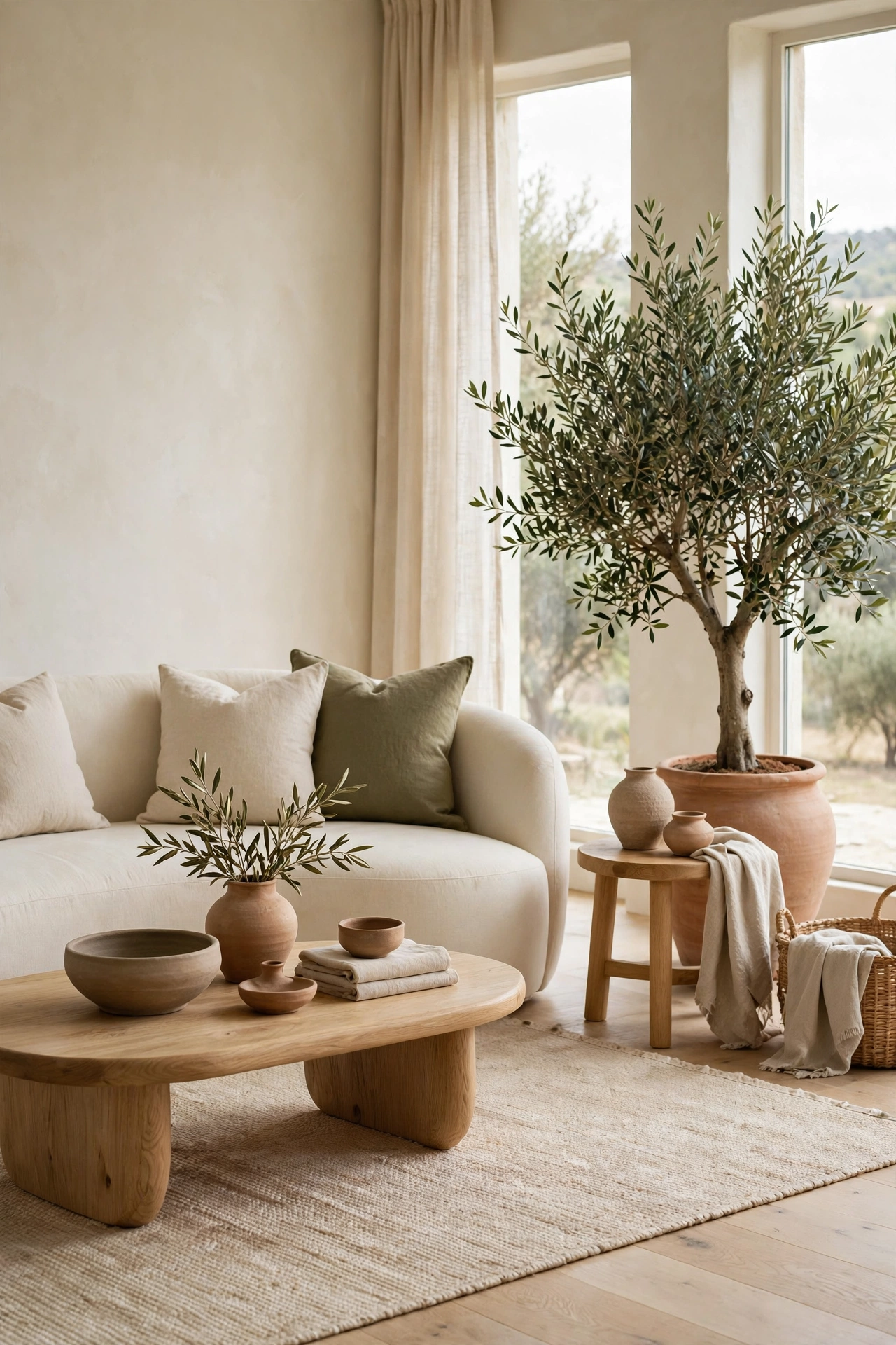 Modern organic living room in close tonal shades of cream, sand, clay, and olive with no sharp contrasts