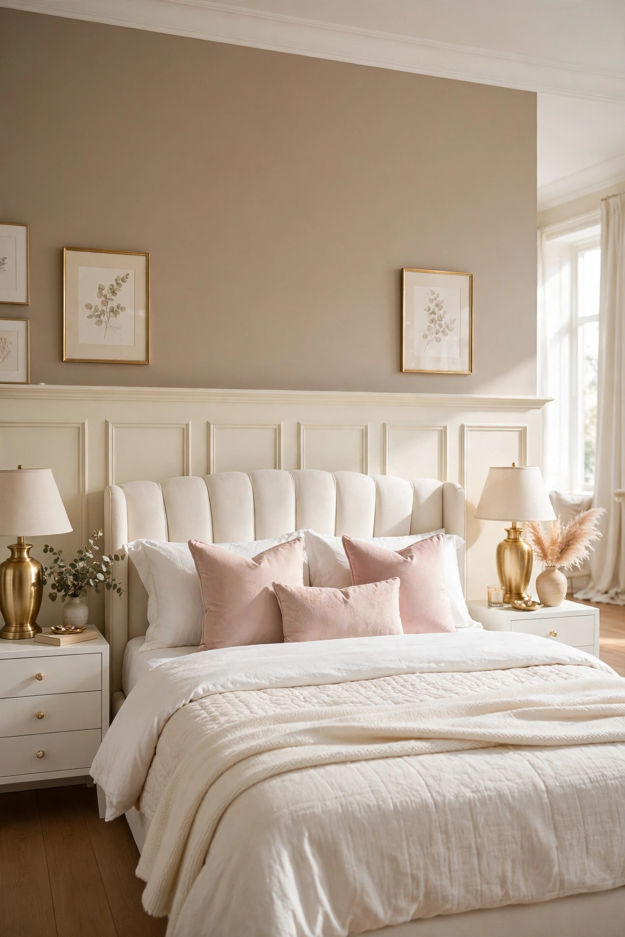 Cream wainscot half wall with a slim ledge top behind an ivory bed, warm taupe paint above