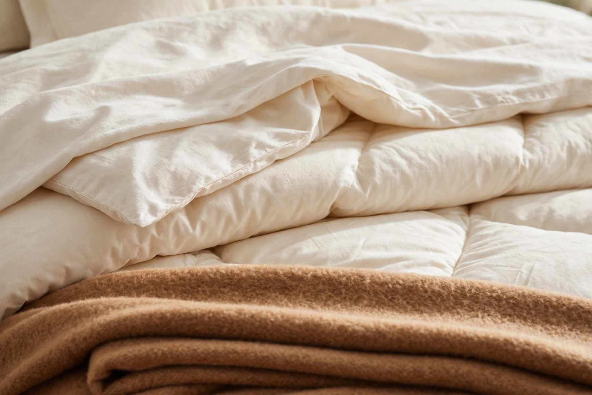 Bed made with soft brushed cotton bedding in warm white with a caramel flannel throw folded at the foot