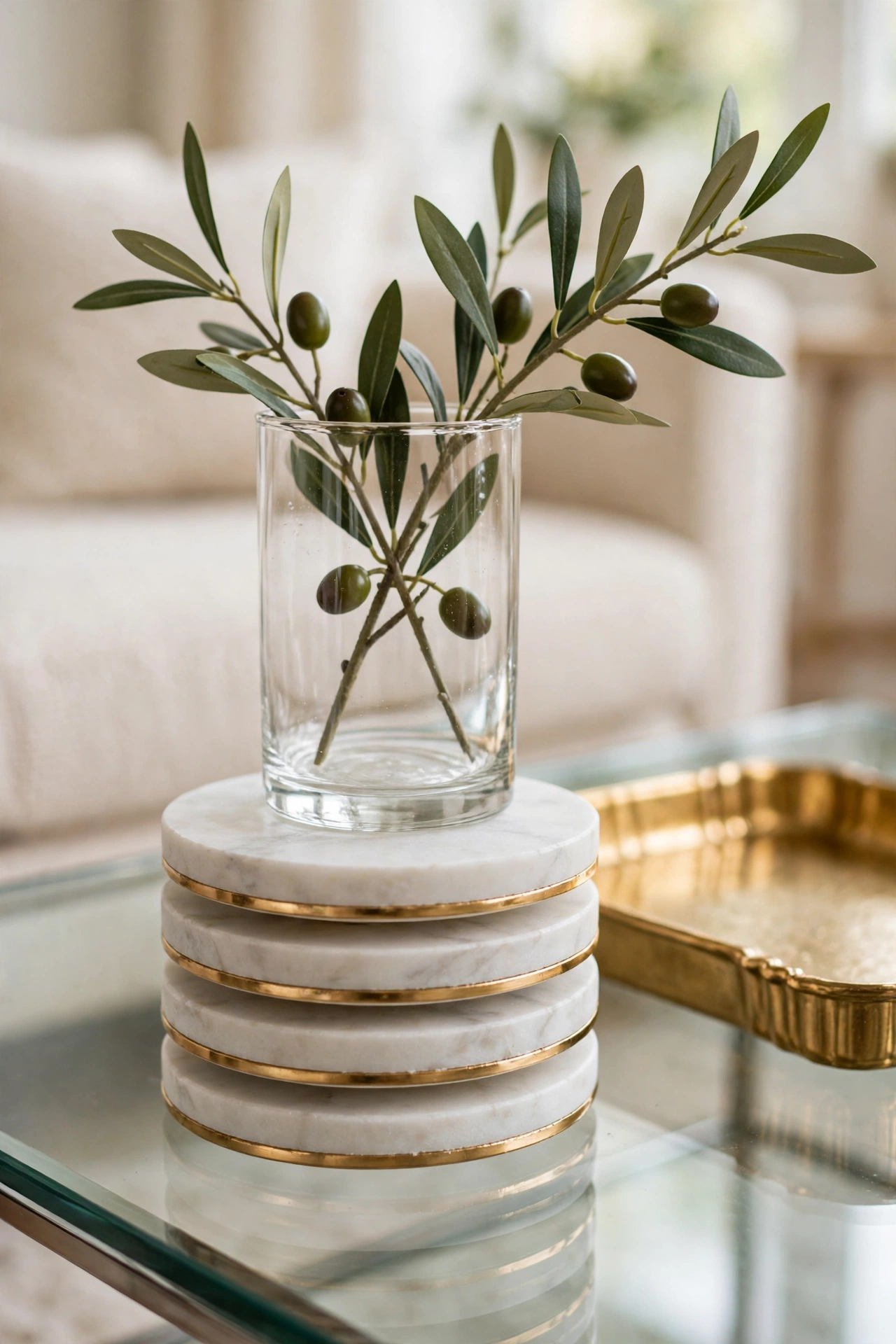 Neat stack of round marble coasters with gold edges styled beside a vase on a coffee table