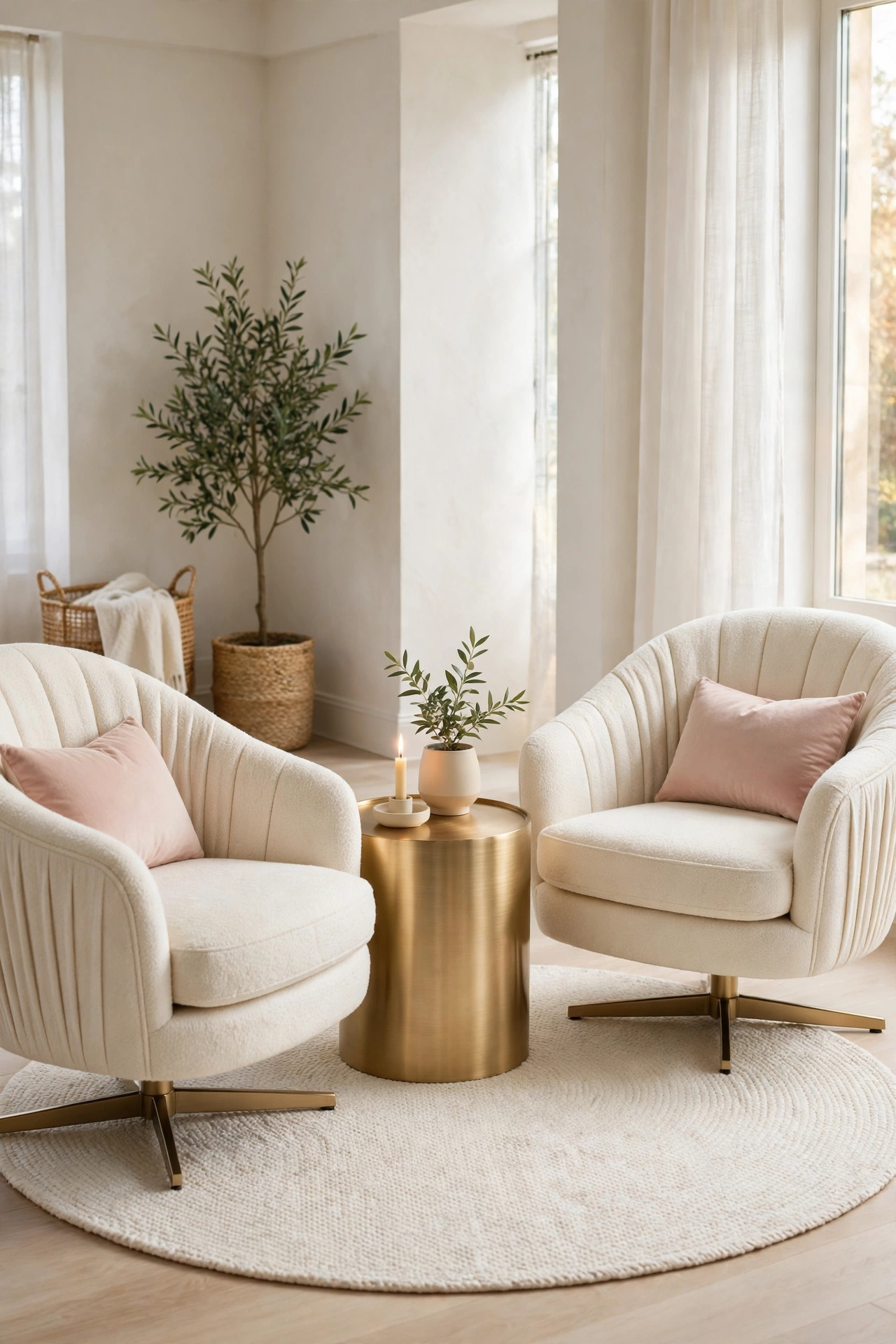 Two cream swivel chairs angled toward each other in a living room corner with a round gold side table between them and a small round rug beneath