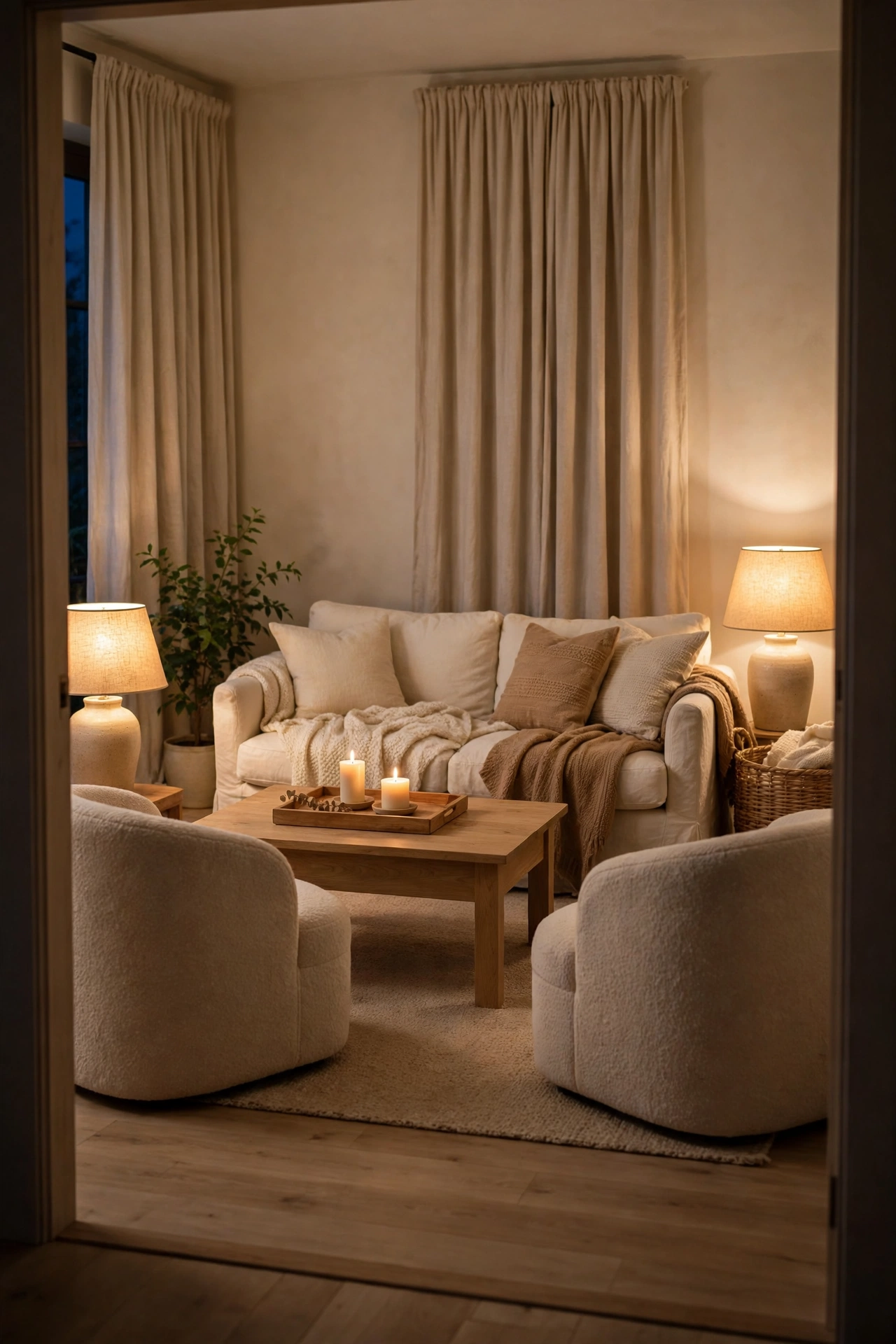 Cozy neutral living room in warm evening lamplight with cream sofa, beige chairs, candles, and layered throws