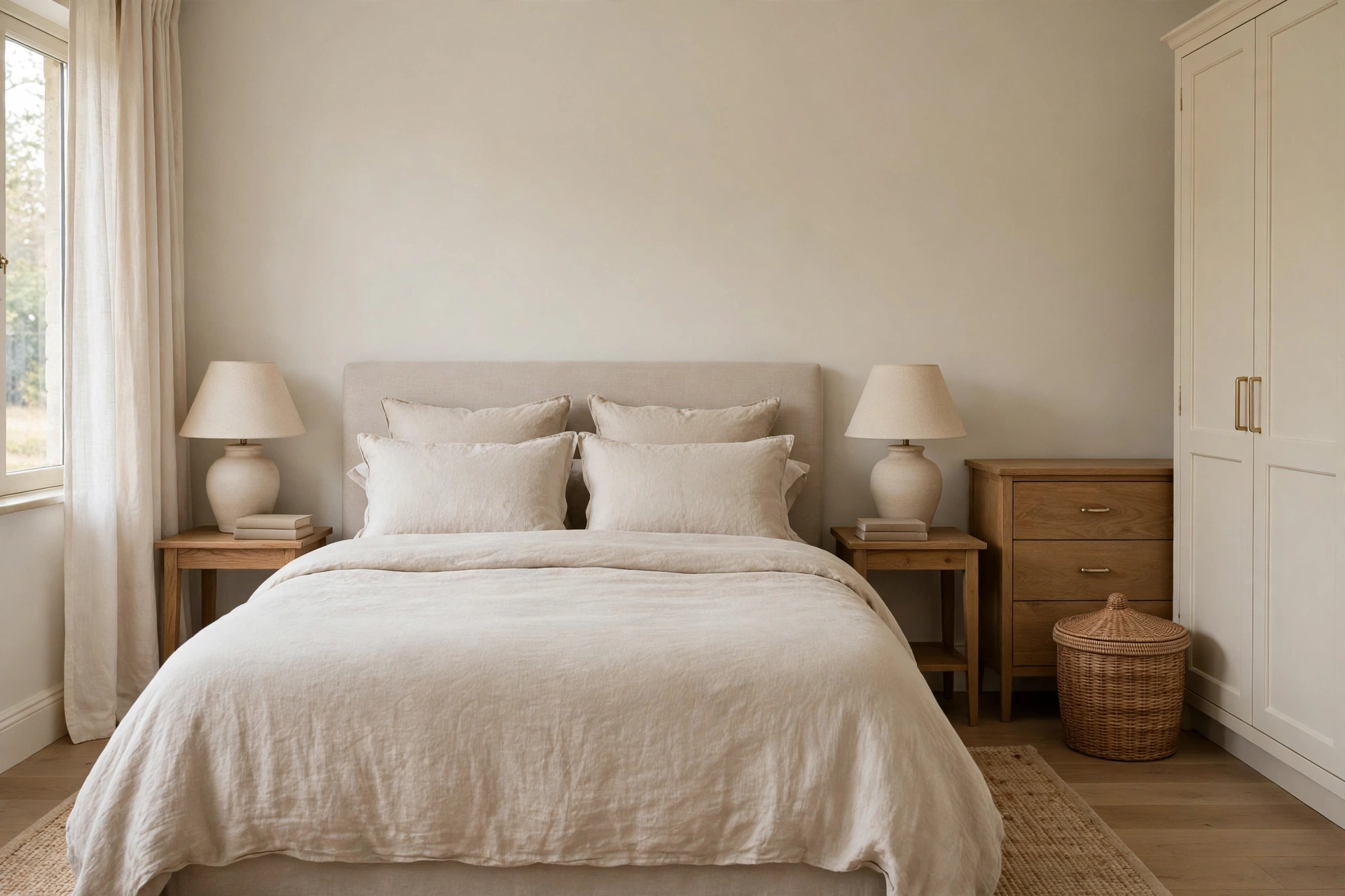 Calm luxury bedroom with closed wardrobe doors, a lidded basket, and clear styled surfaces