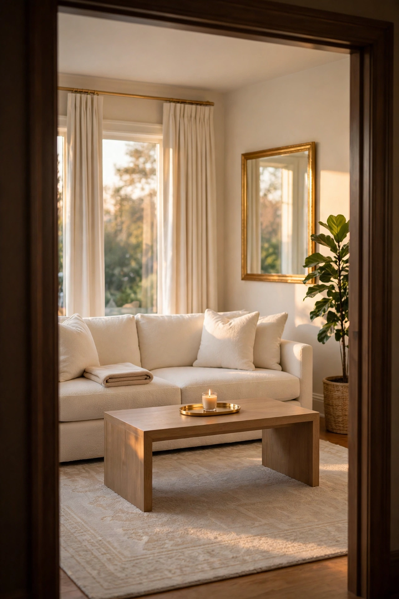 Finished expensive looking living room with steamed curtains, plumped cushions, and one lit candle
