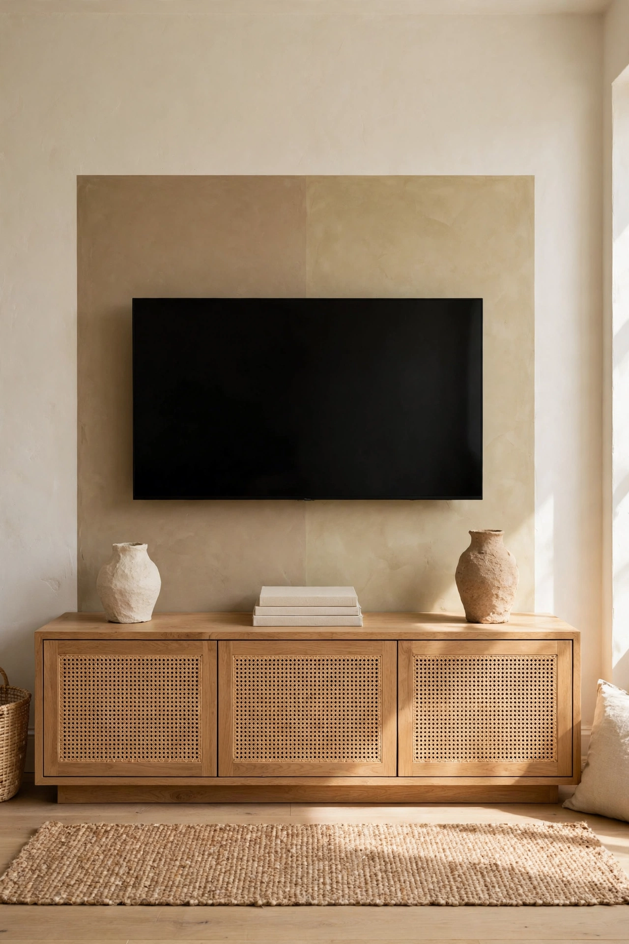 Low natural oak media console with cane doors and ceramics under a wall mounted screen