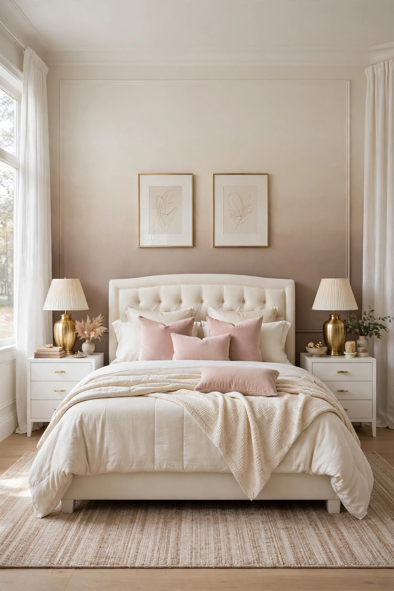 Soft ombre bedroom wall fading from warm taupe at the base to cream at the top behind an ivory bed