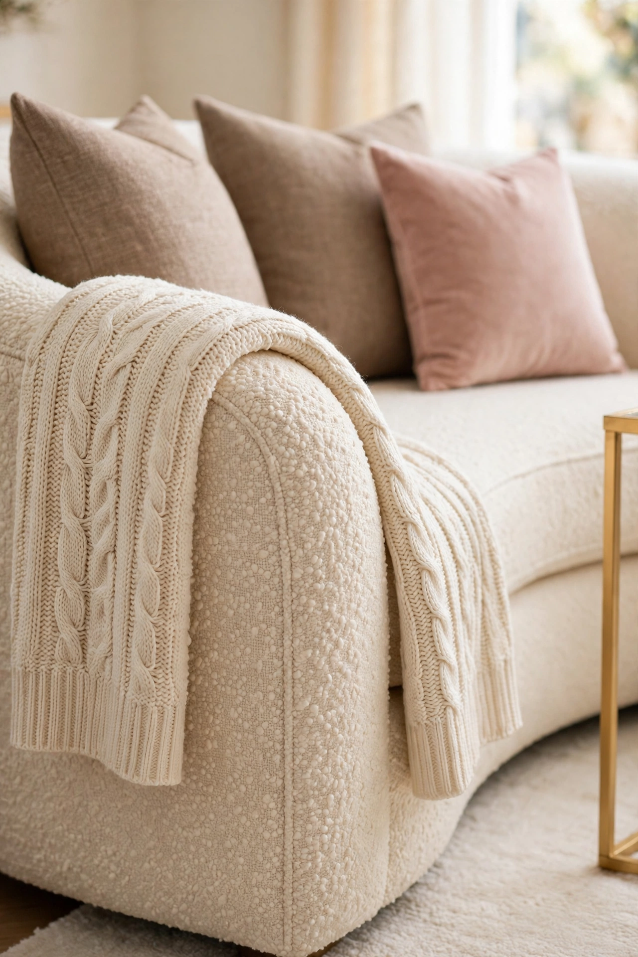 Soft cream throw folded over the arm of a curved cream boucle sofa with warm taupe pillows
