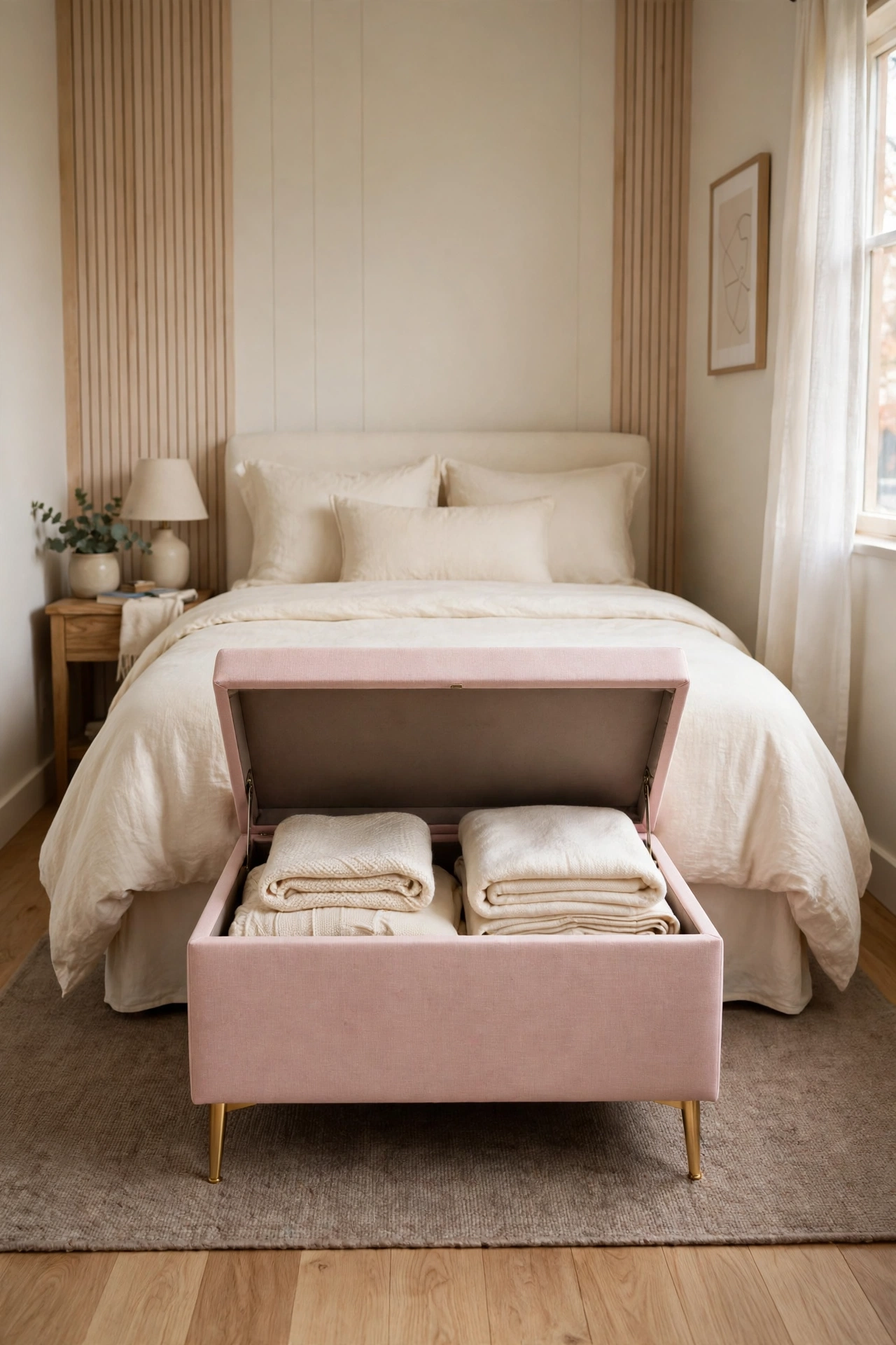 Slim blush storage ottoman at the foot of a cream bed in a small bedroom holding folded throws inside