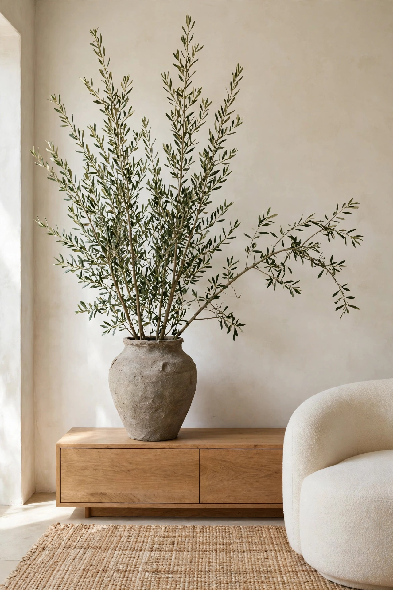 Tall olive branches in a large handmade ceramic vase on an oak console