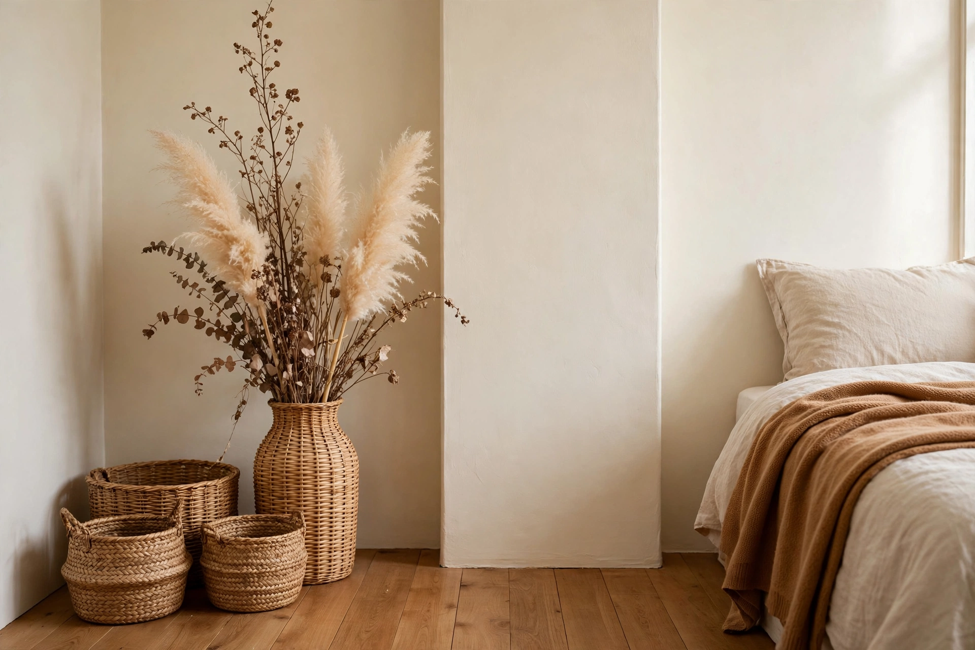 Tall vase of soft pampas and dried stems beside woven storage baskets in a warm cream bedroom