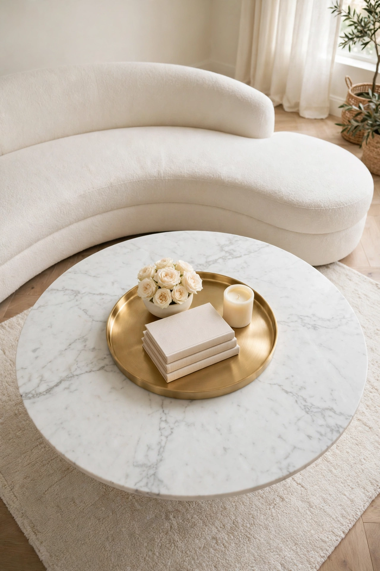 Round coffee table with one centred round tray composition matched to its shape