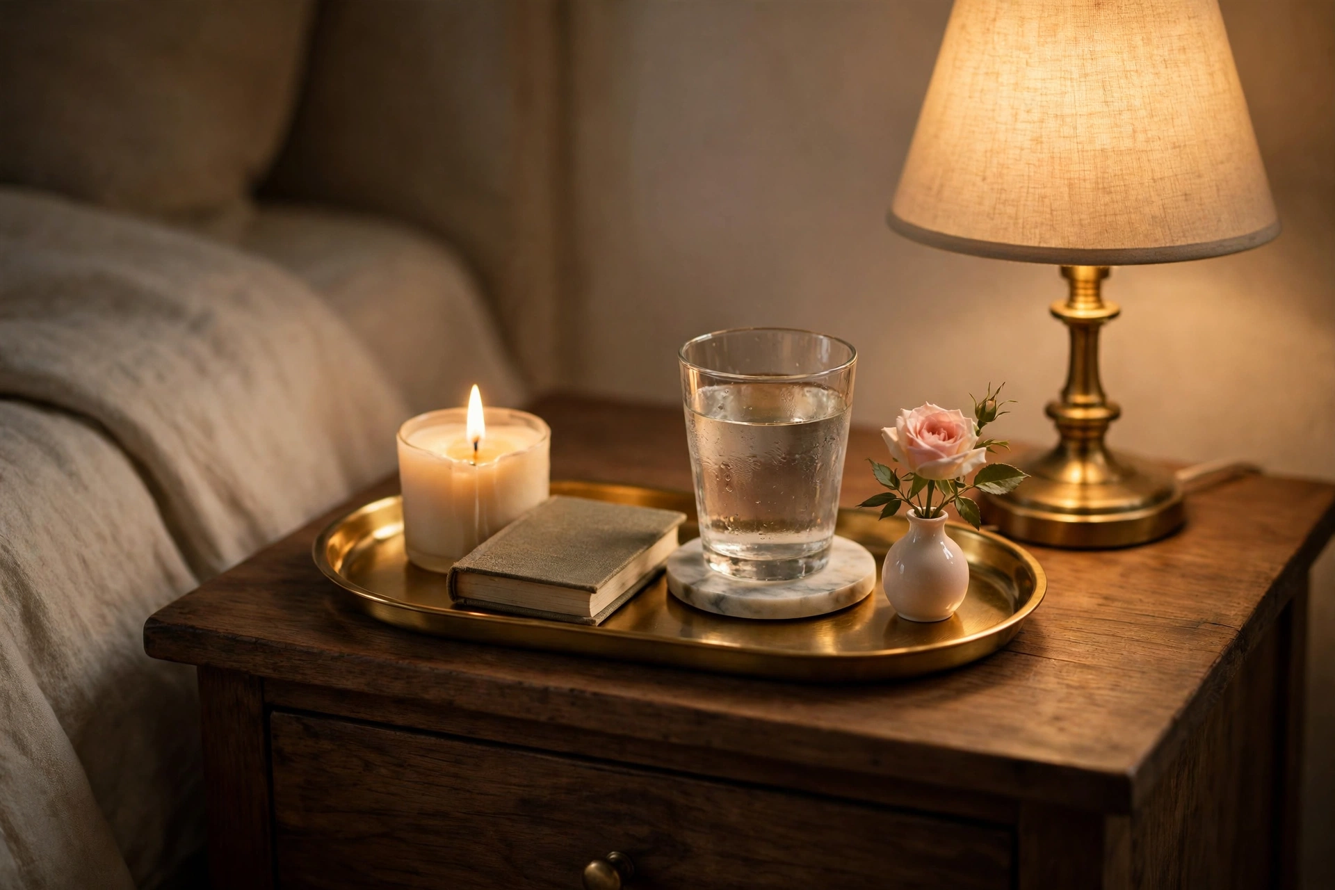 Gold wind down tray with a candle, a book, and one blush rose on a luxury bedroom nightstand