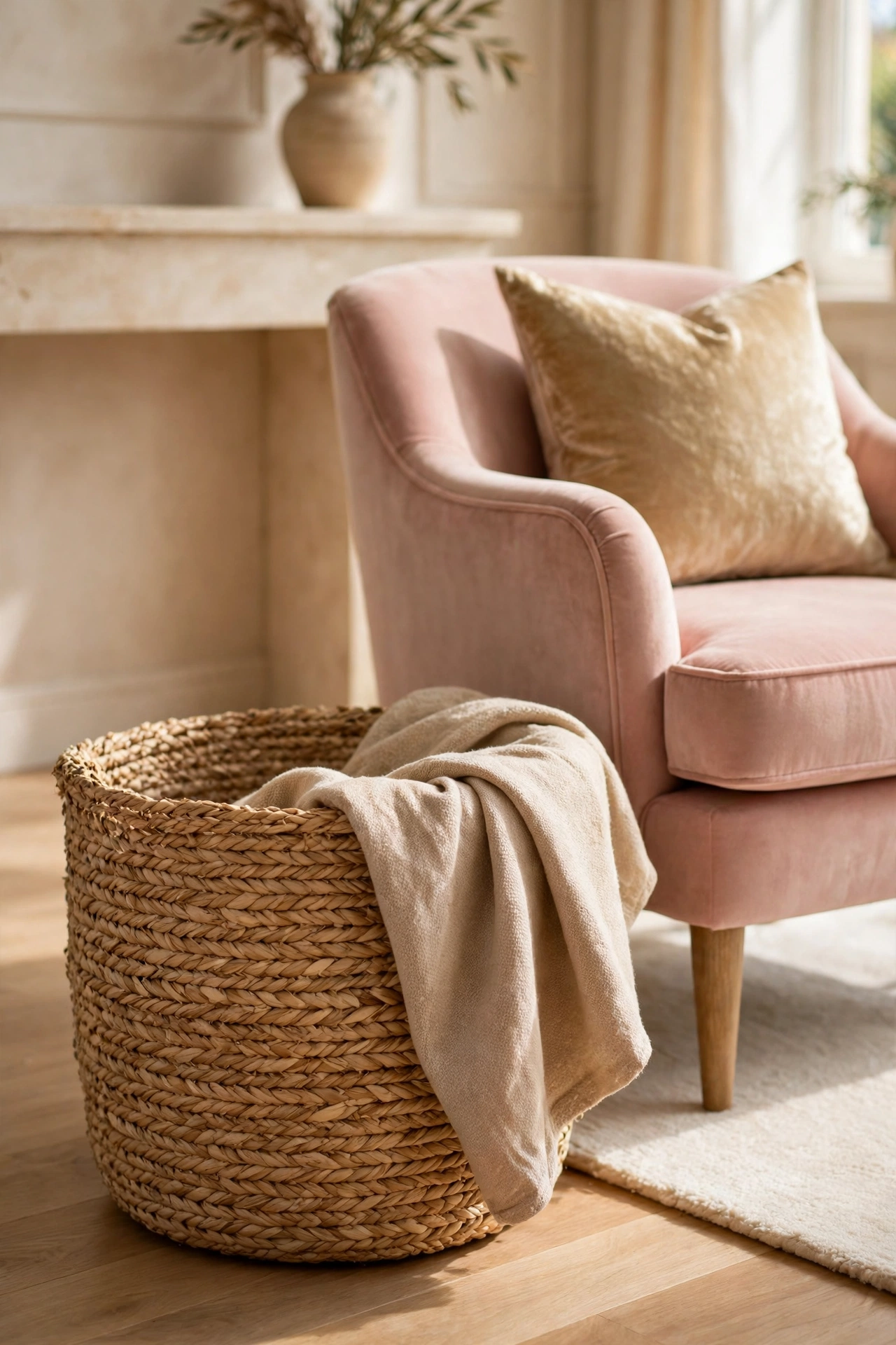 Woven basket with a folded beige throw beside a blush pink velvet chair in a warm luxury living room