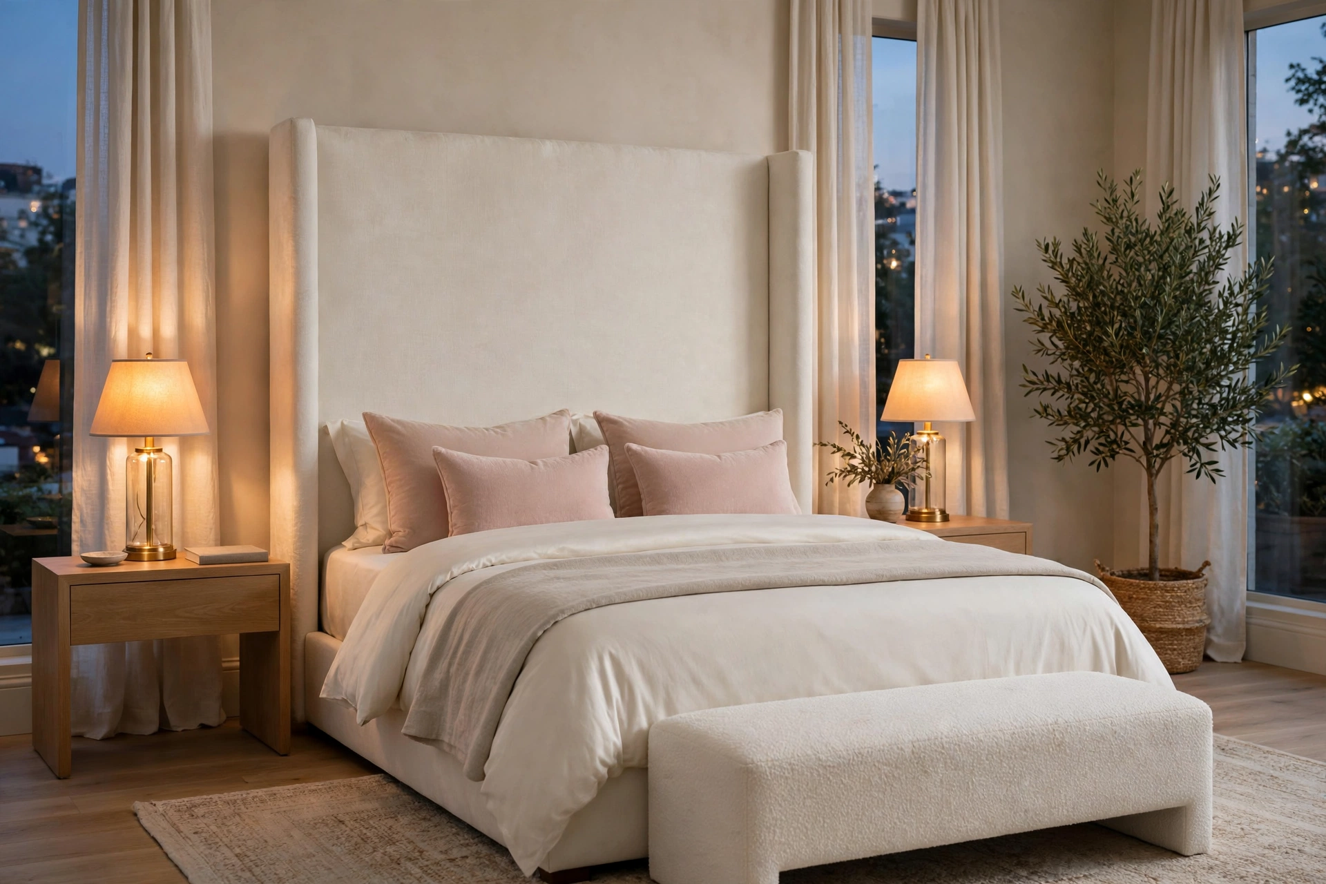 Finished luxury bedroom at evening with the bed neatly made, surfaces clear, and lamps glowing warm