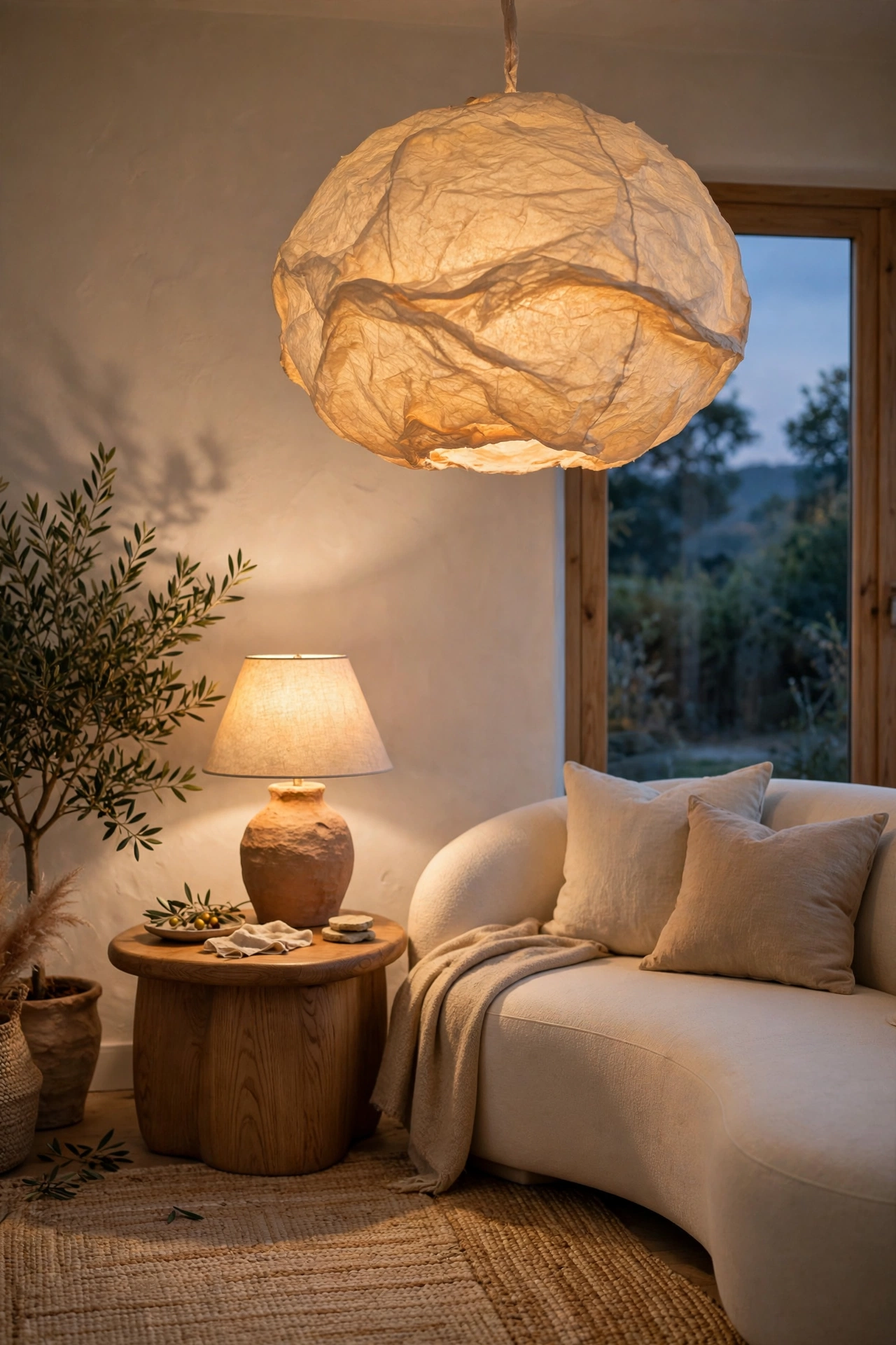 Paper pendant light and clay table lamp with warm glow in a modern organic living room