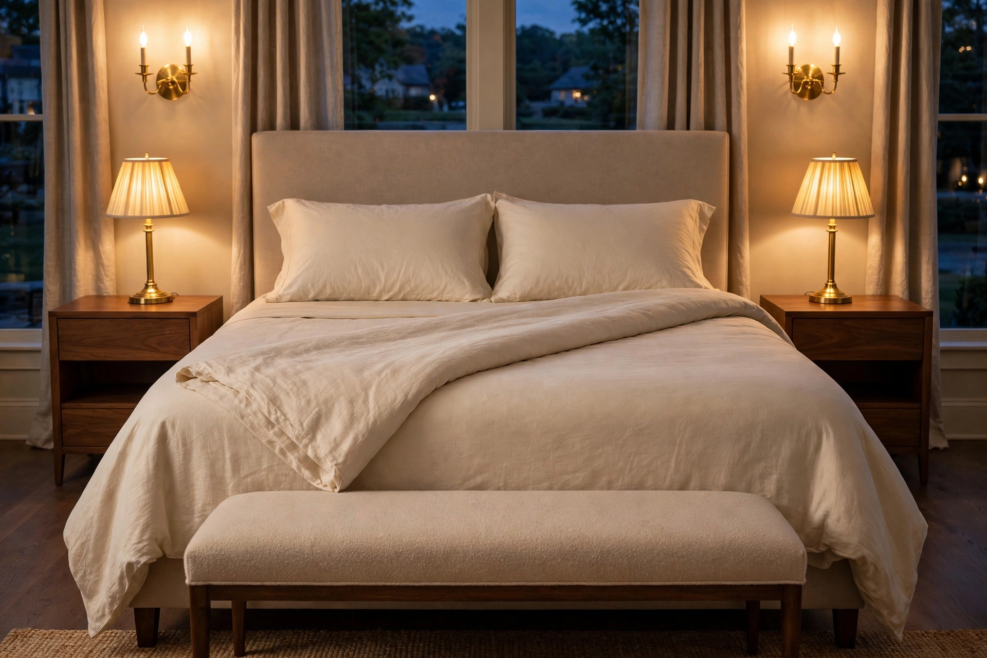 Bed turned down for the evening with folded cream bedding, warm gold lamps and sconces glowing softly