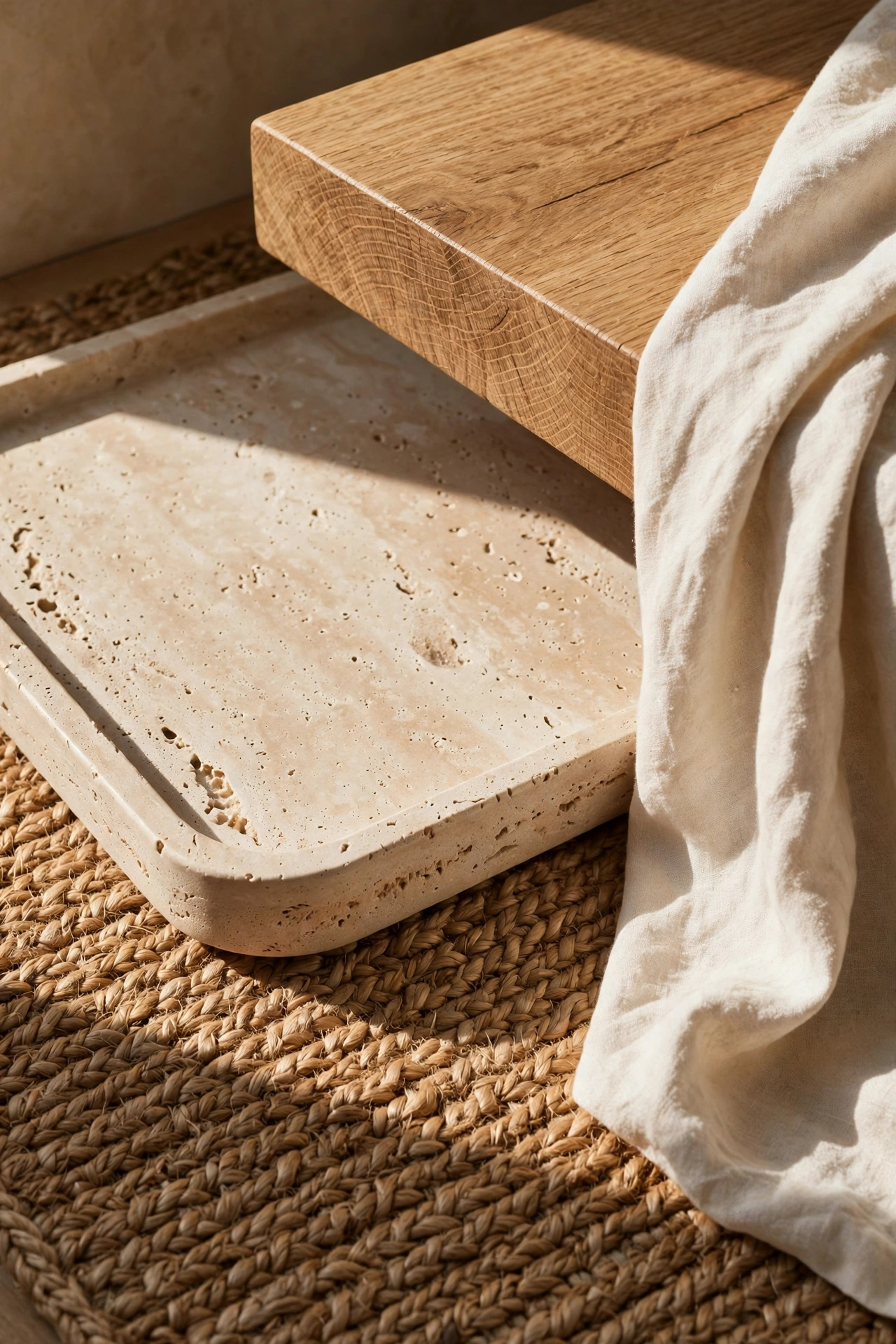 Close view of rough jute, smooth travertine, grained oak, and slub linen textures layered in one corner