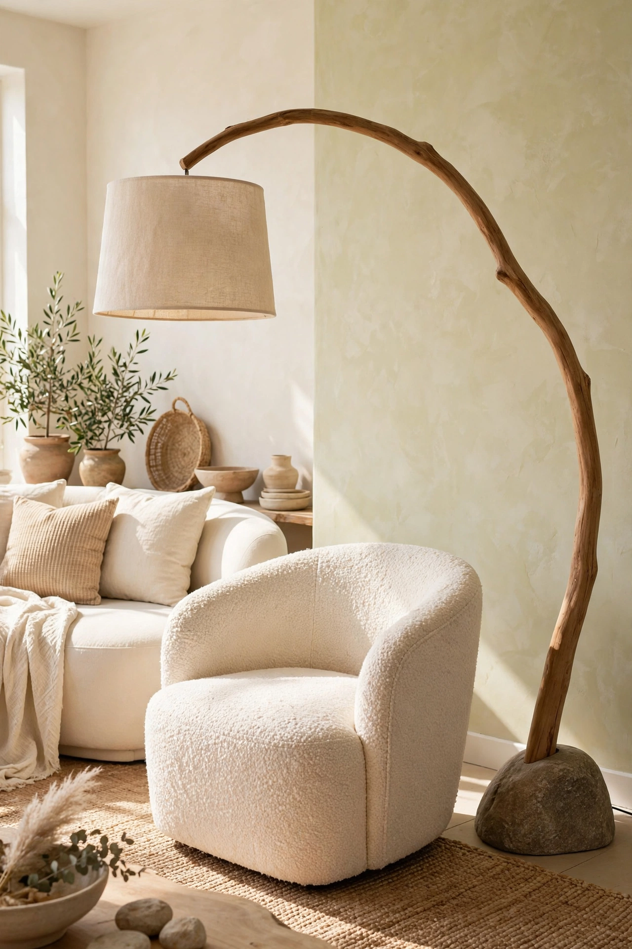 Curved wood floor lamp arching over a cream accent chair in a modern organic living room
