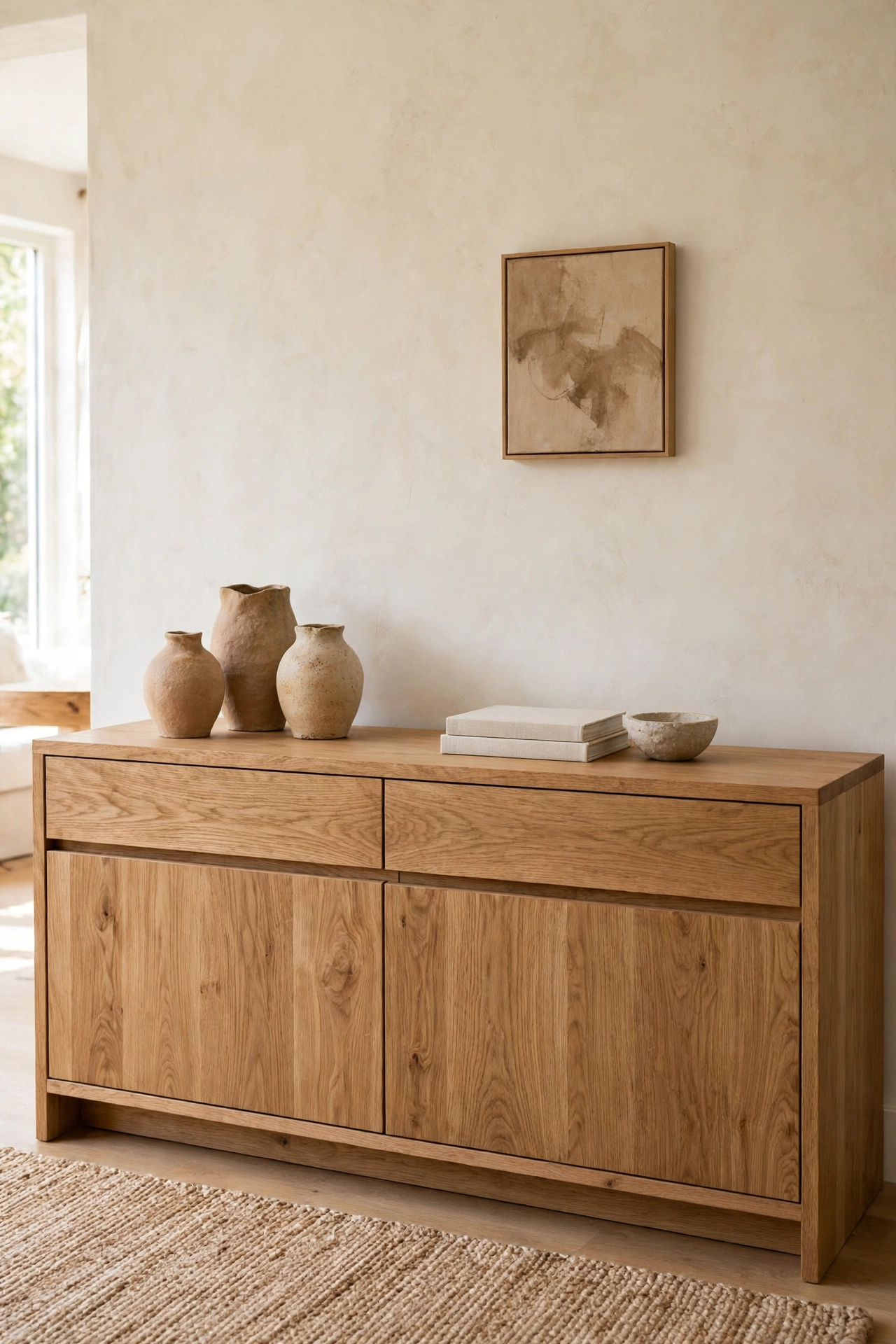 Sideboard styled in odd groups of ceramics and books with calm empty space between
