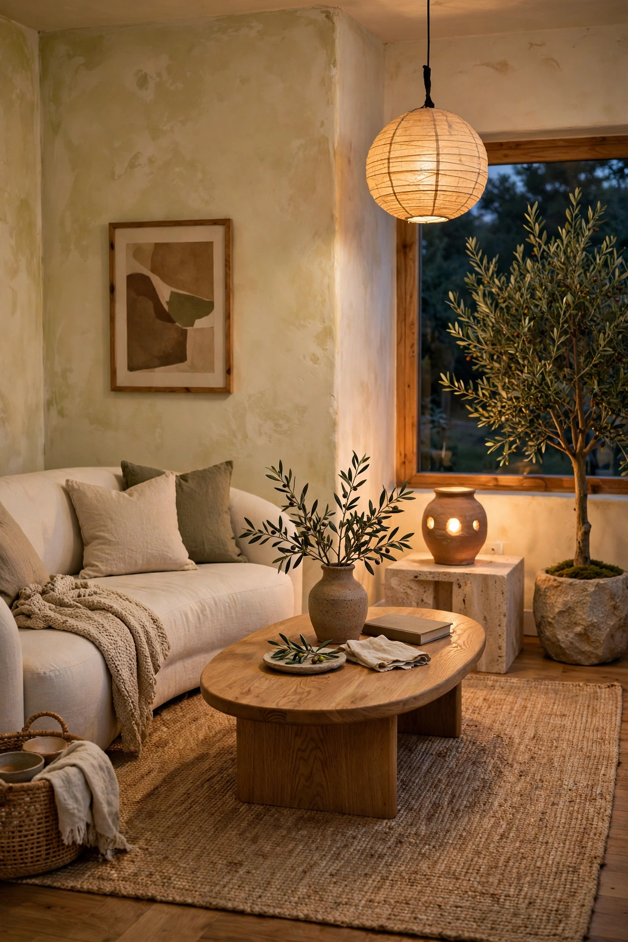 Complete modern organic living room in warm evening light with wood, stone, linen, and plants