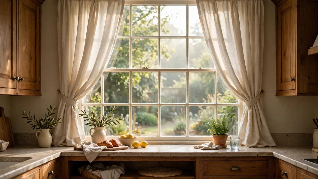 Cozy kitchen window with cream linen curtains tied back.