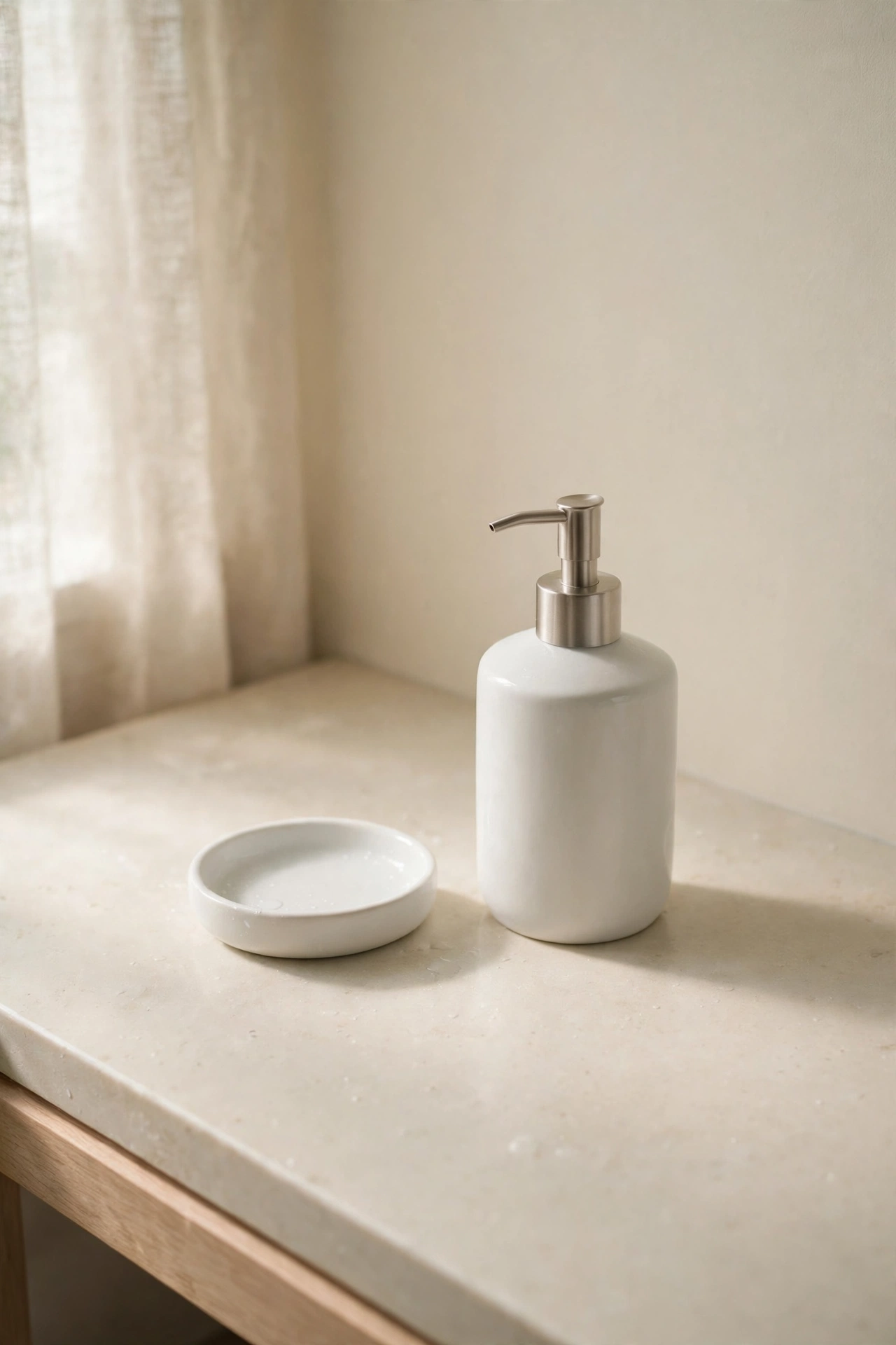 White ceramic soap dispenser and dish on a pale bathroom counter.