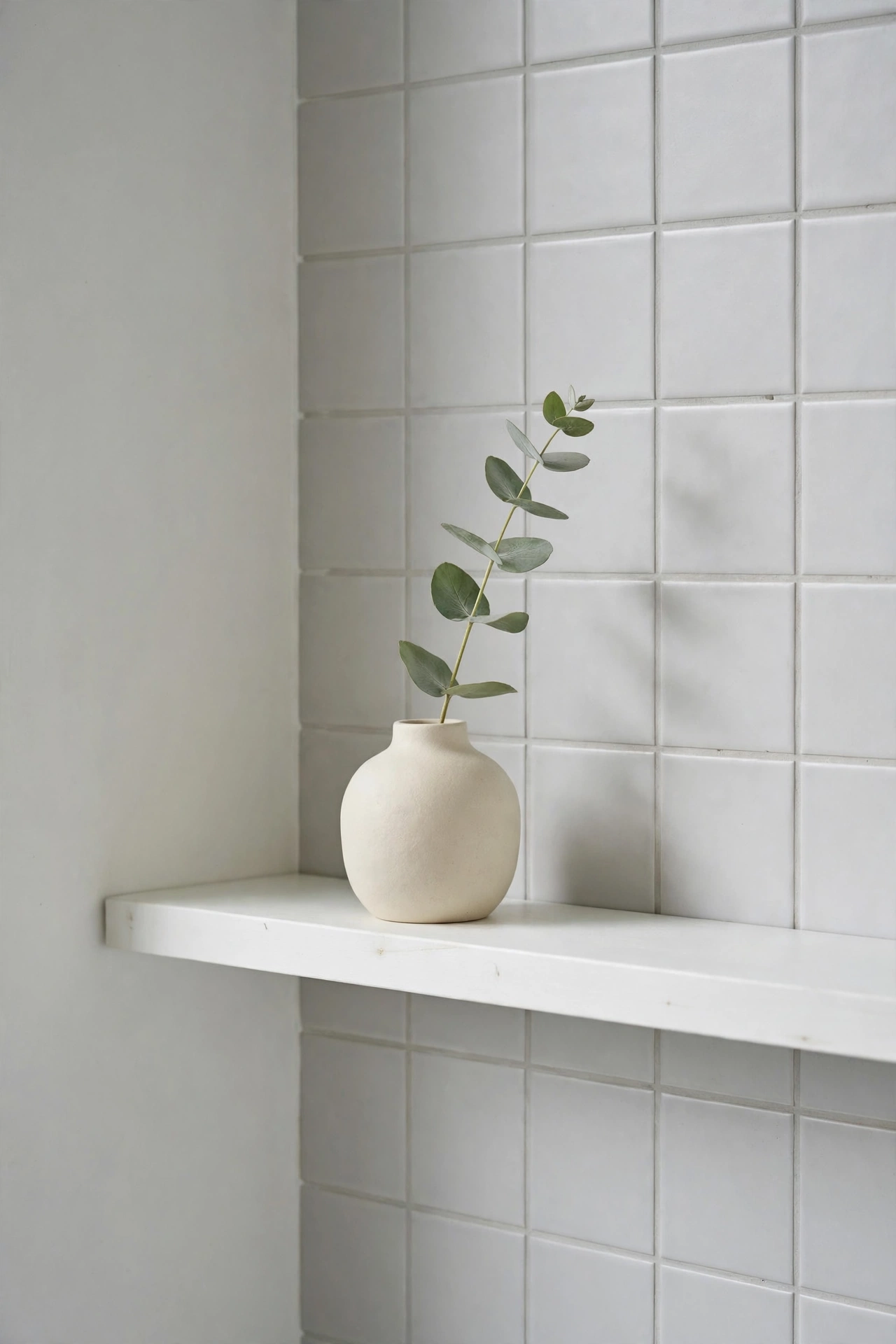 Small cream ceramic vase with one eucalyptus stem on a bathroom shelf.
