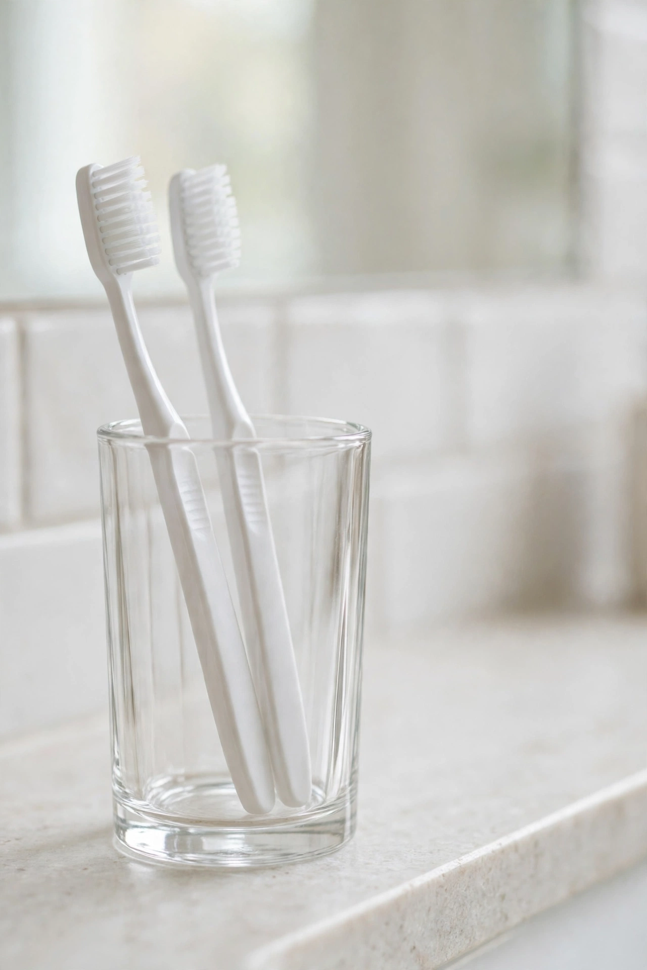 Clear glass toothbrush holder with two white toothbrushes on a bright counter.