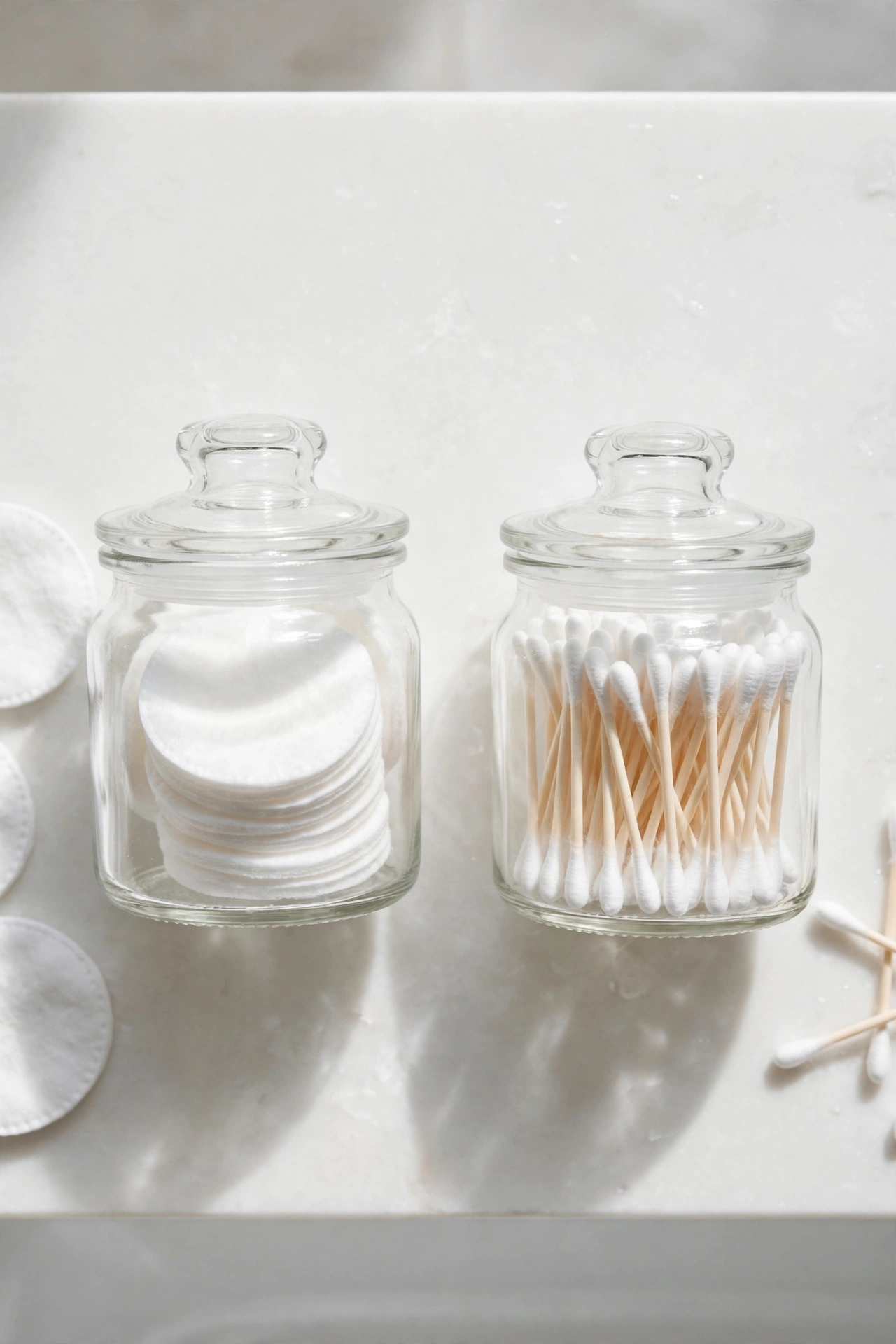 Two lidded glass jars on a counter holding cotton pads and swabs.