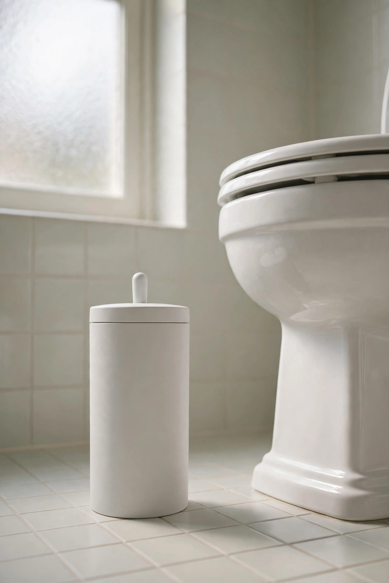 Matte white toilet brush in a closed holder beside a white toilet.