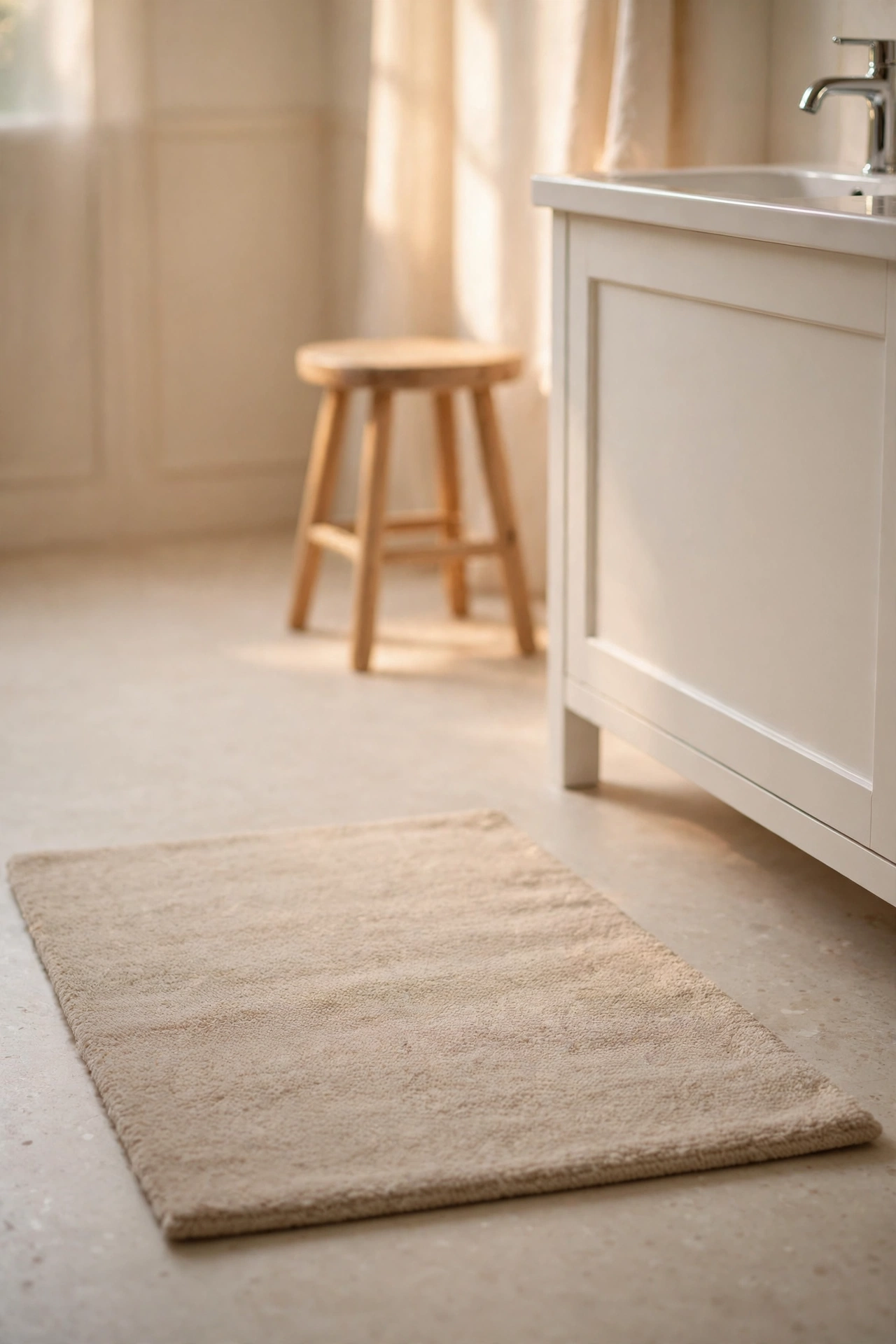 Plain soft beige bath rug beside a white vanity.
