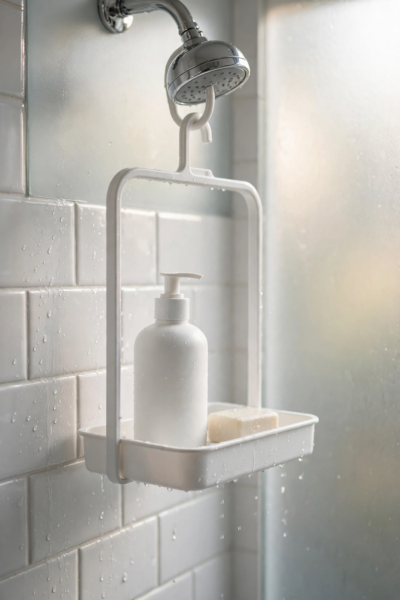 Single shelf white shower caddy holding one bottle and a bar of soap.