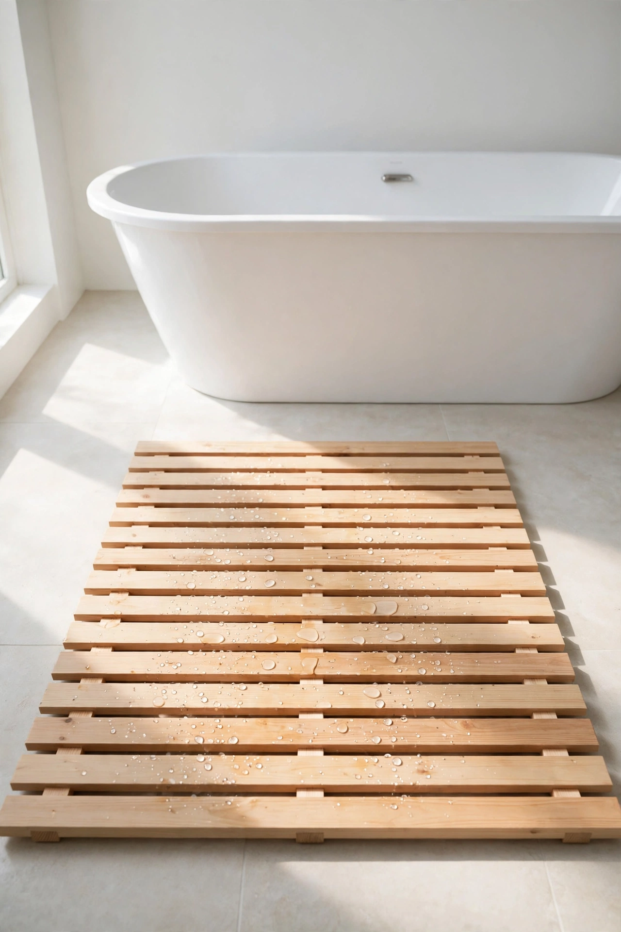 Slatted light wood bath mat in front of a white bathtub.