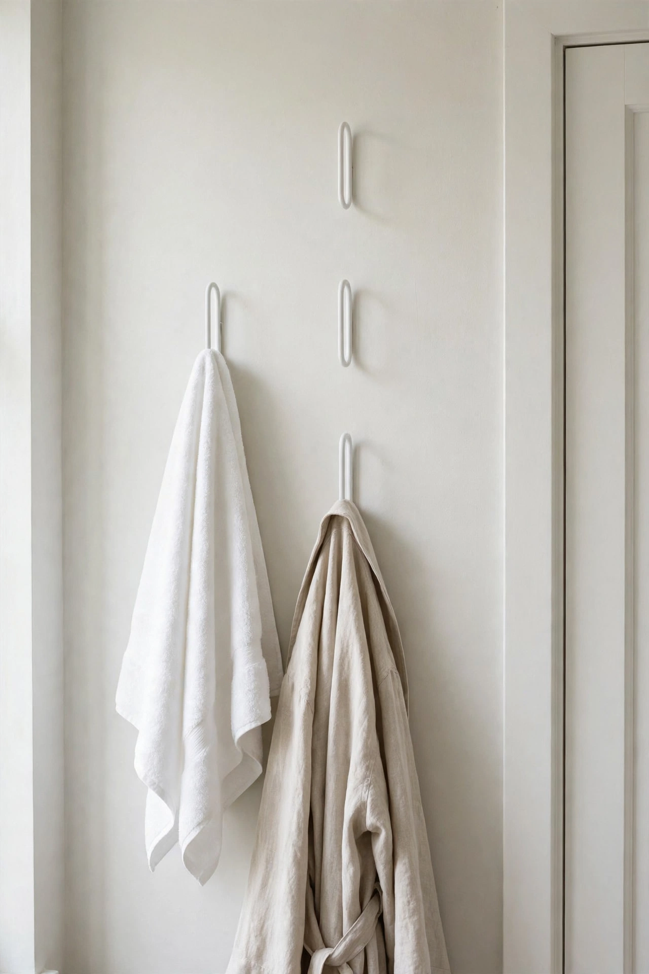 Three slim matte white hooks on a bathroom wall holding a towel and robe.
