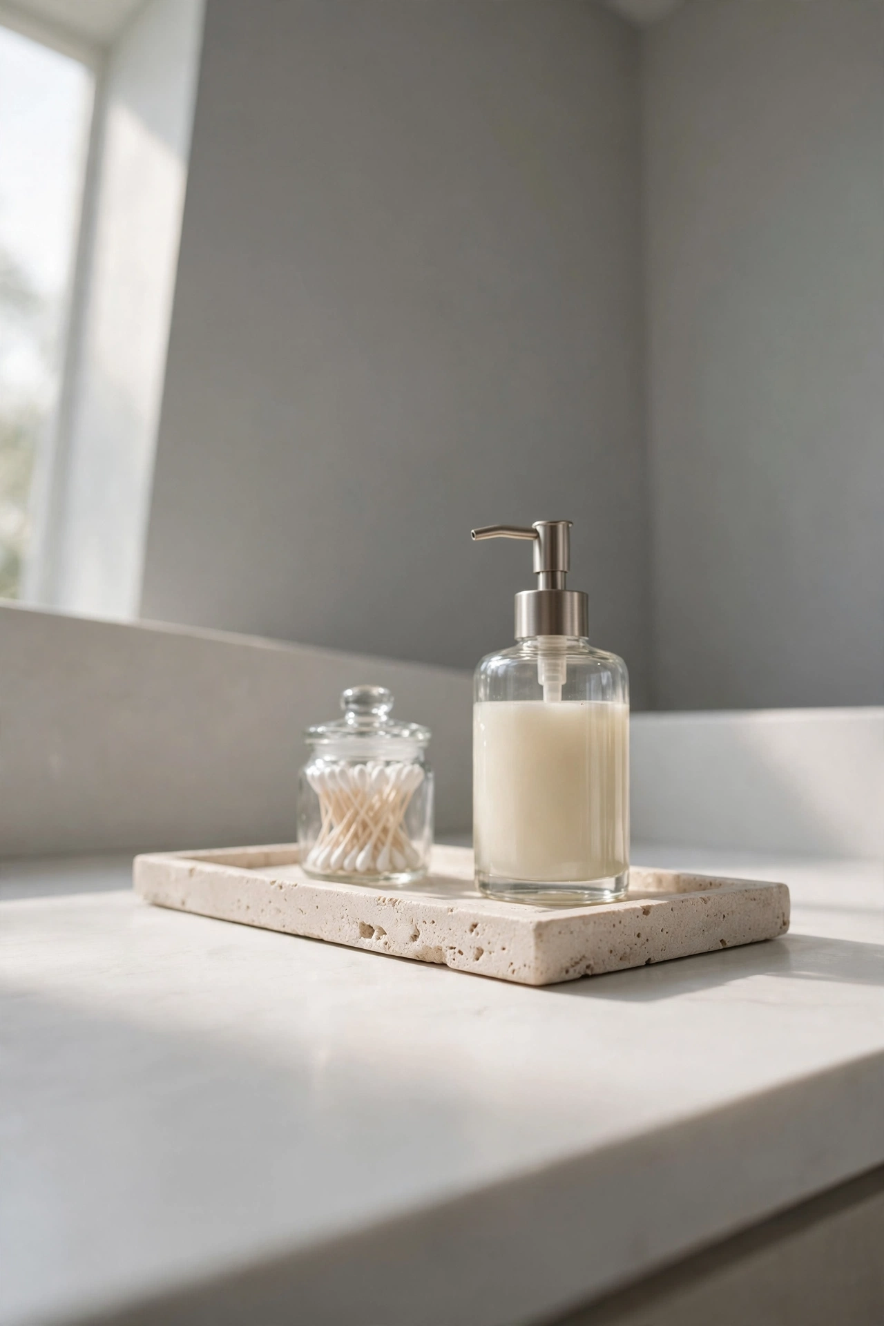 Slim pale stone tray on a white vanity holding a soap dispenser and small jar.