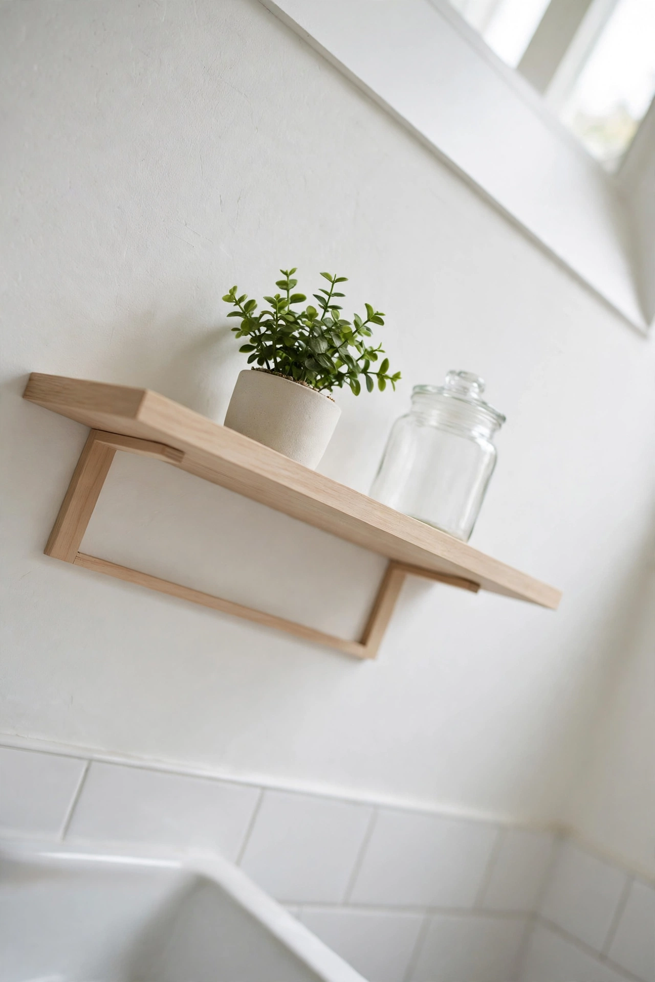 Slim light wood wall shelf holding a small plant and a glass jar.