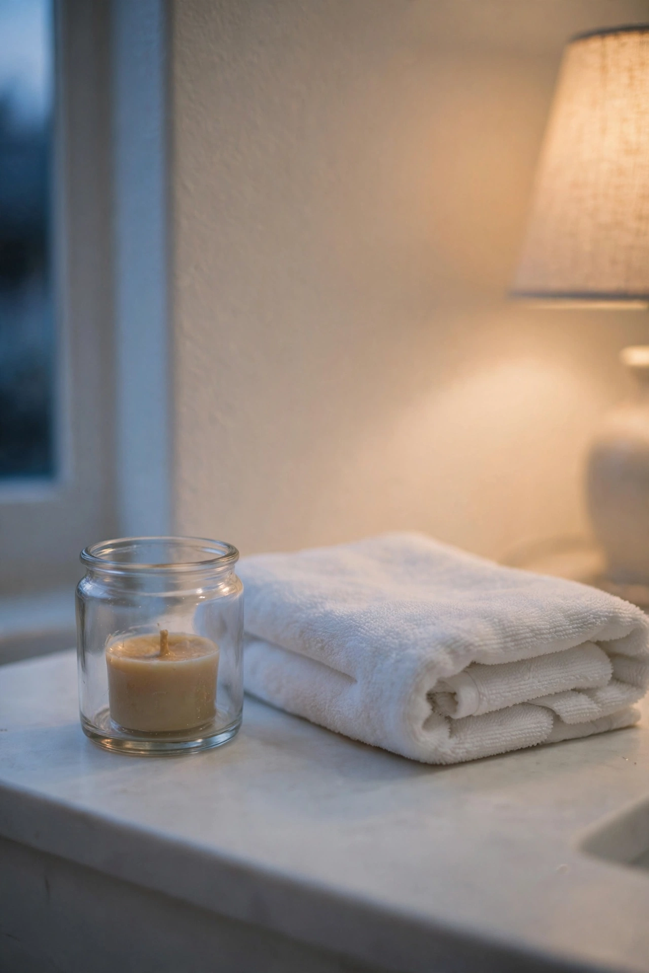 Small candle in a clear glass jar beside a folded white towel.