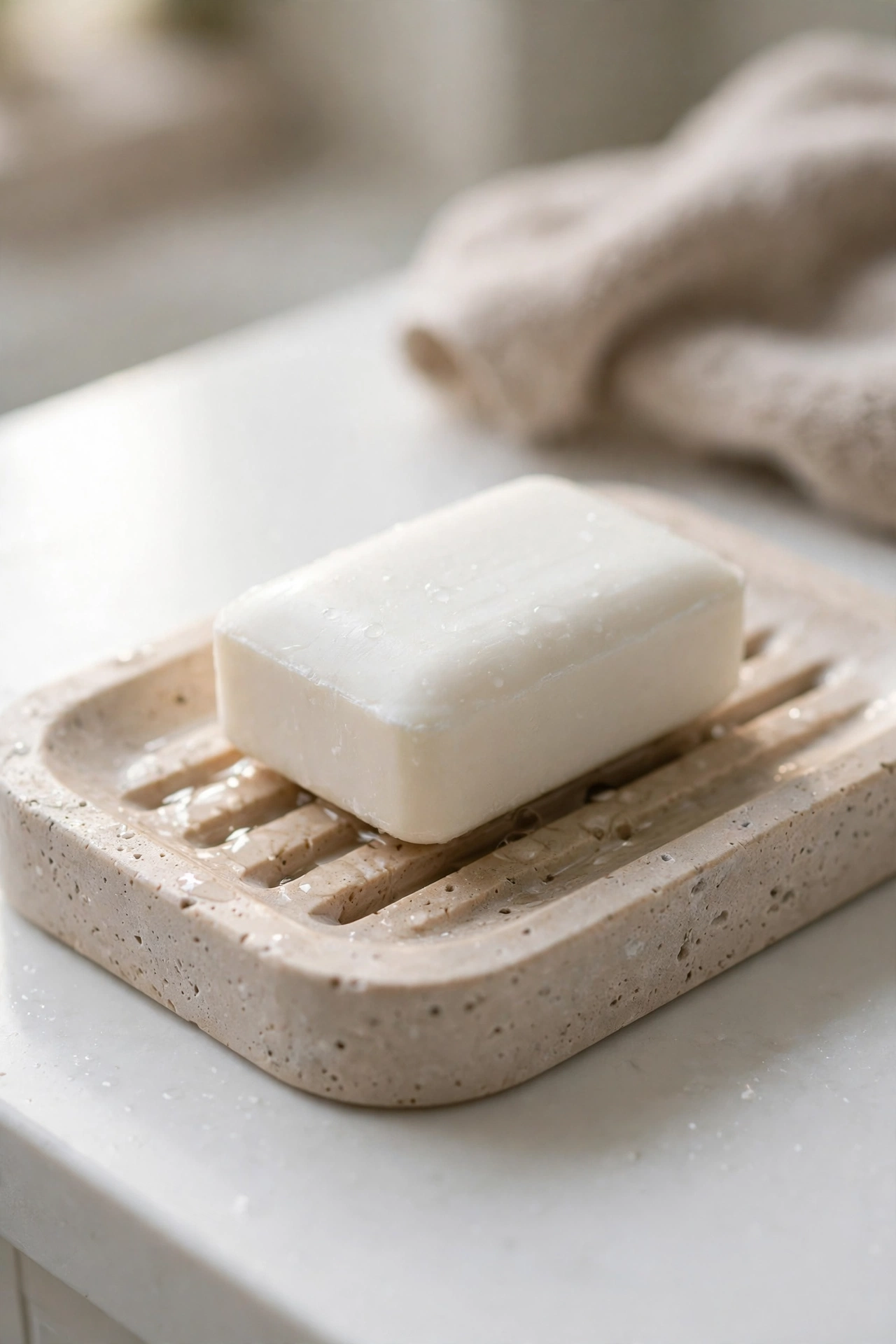 Pale stone soap dish with grooves holding a white bar of soap.