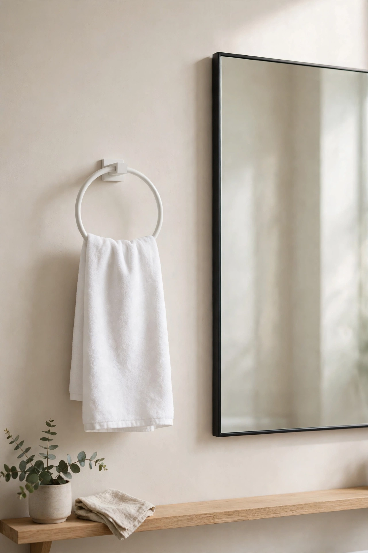 Folded white hand towel on a slim matte white towel ring beside a mirror.