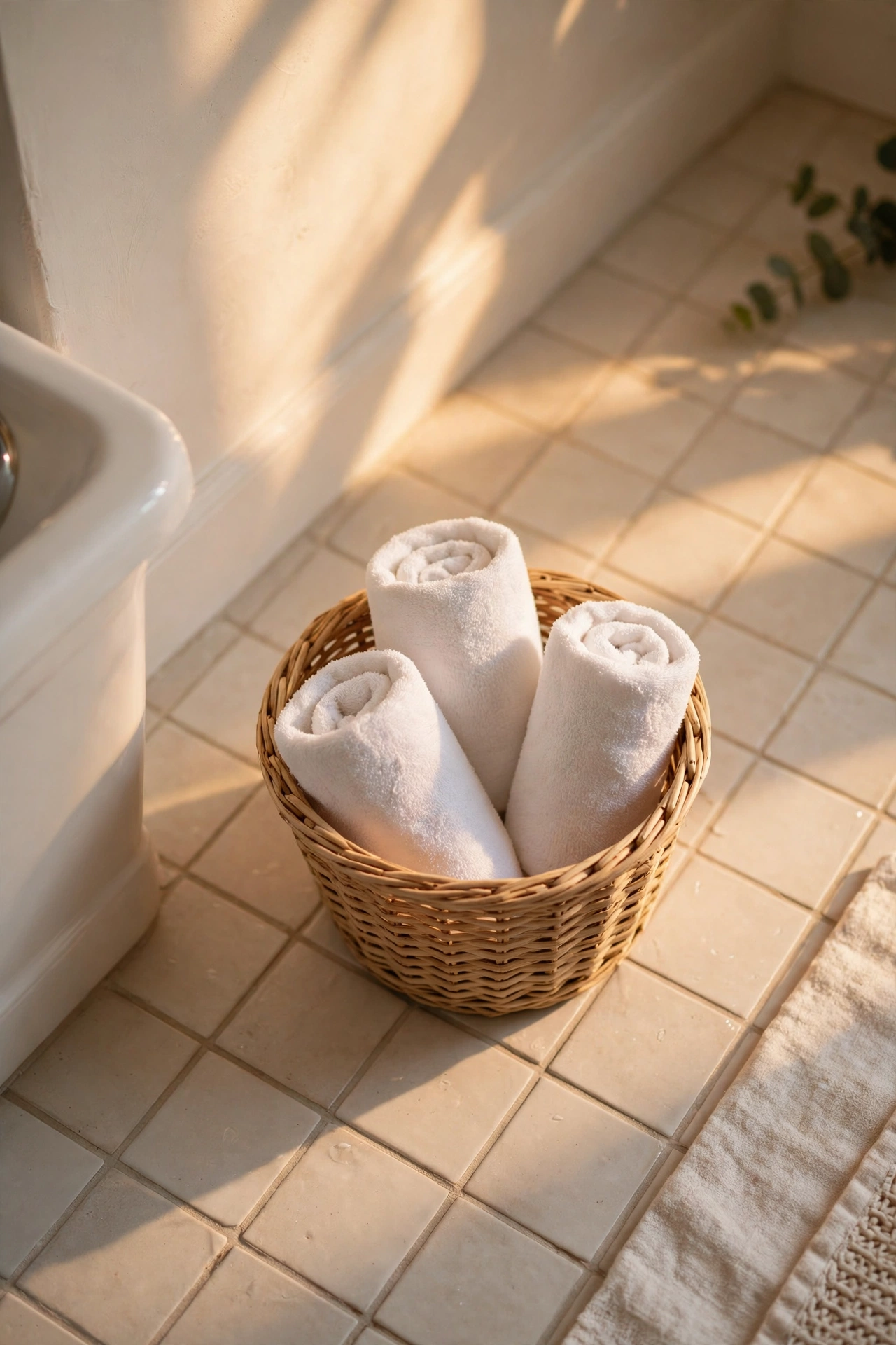 Small woven basket on a bathroom floor holding rolled white towels.
